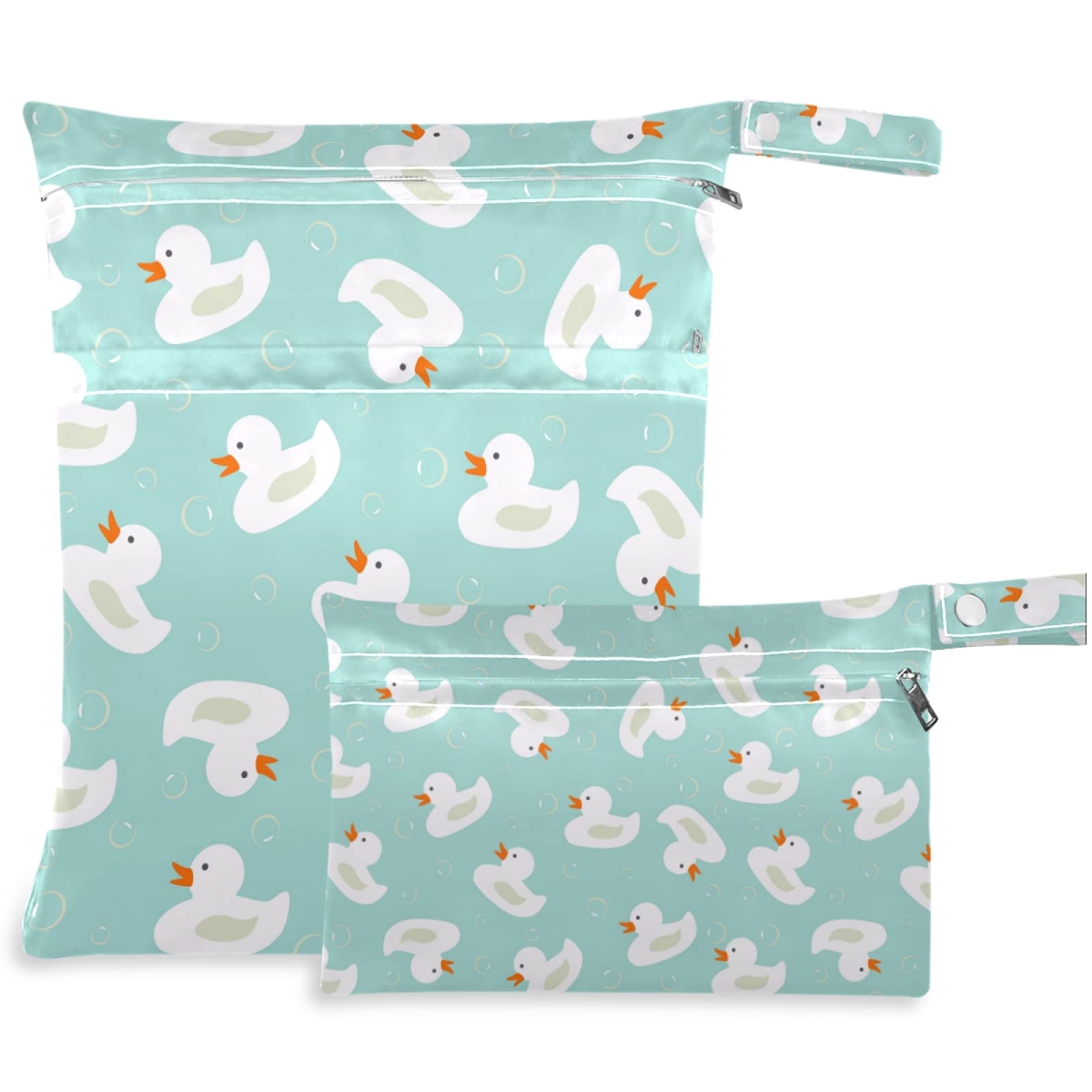 Visesunny 2-Pack White Ducks & Bubbles Wet Bags - Waterproof Zippered Pockets, Washable & Reusable Storage for Travel, Beach, Pool, Gym | Perfect for Diapers, Swimsuits, Toiletries & Dirty Clothes | Daycare, Stroller & Sports Essentials
