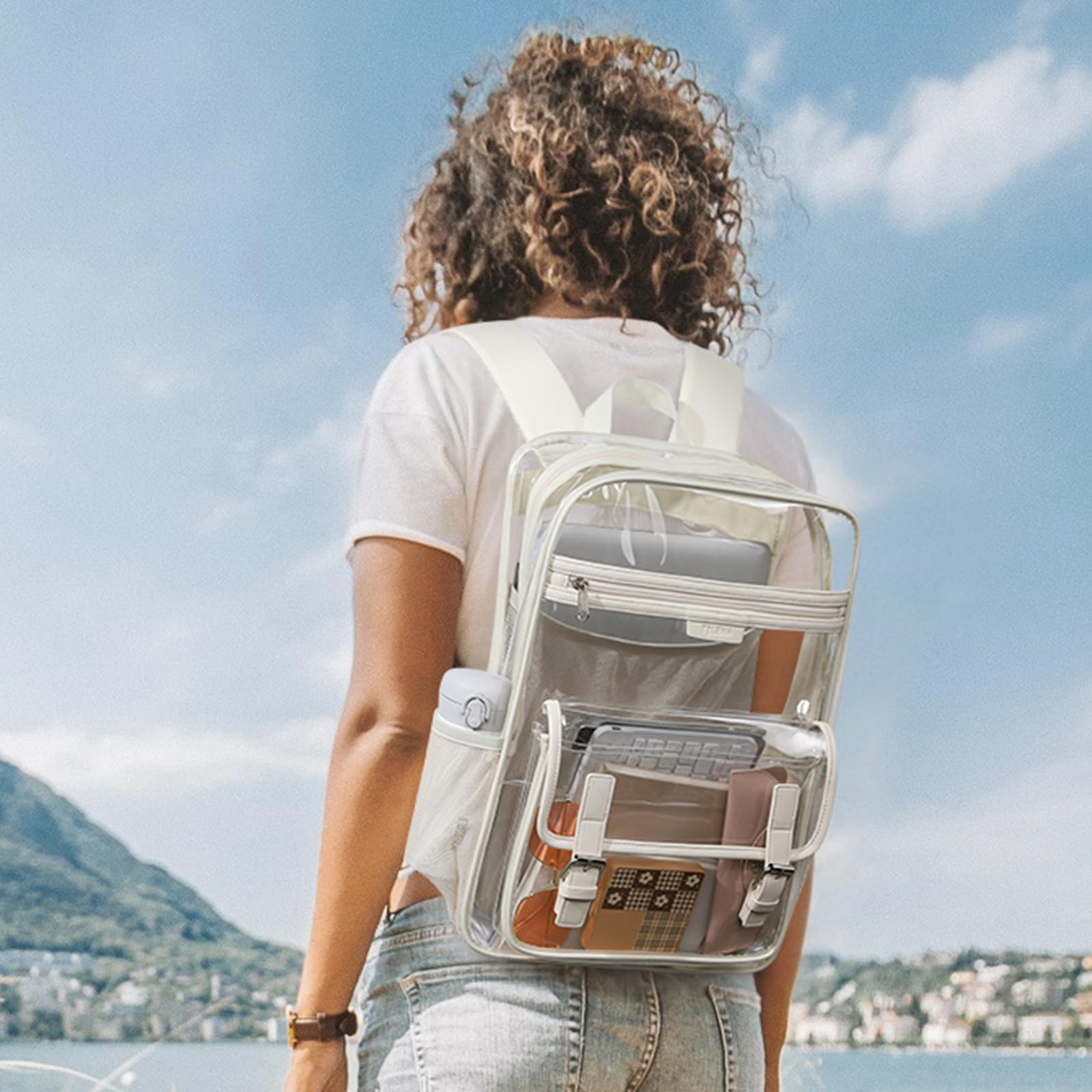 Telena Heavy Duty Clear Backpack with Multi-Pockets - Durable TPU Transparent Backpack with Reinforced Straps for College, Work & Travel - Large See-Through Bookbag (White) - Perfect for School, Office, Airport Security & Stadium Events