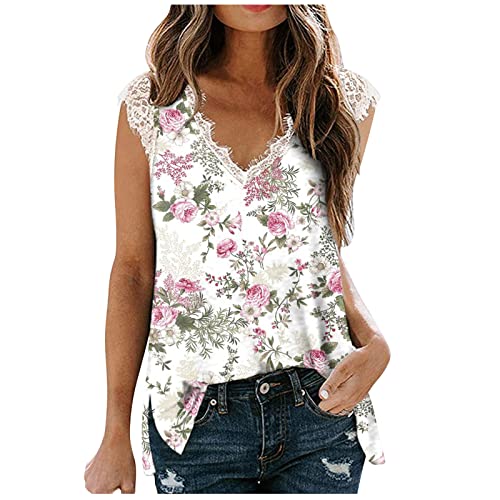 FAVIPT Women's Lace Trim V-Neck Tank Top - Floral Sleeveless Cami Shirt for Summer, Beach & Casual Wear - Trendy Lace Trim Blouse for Date Night, Vacation & Everyday Fashion