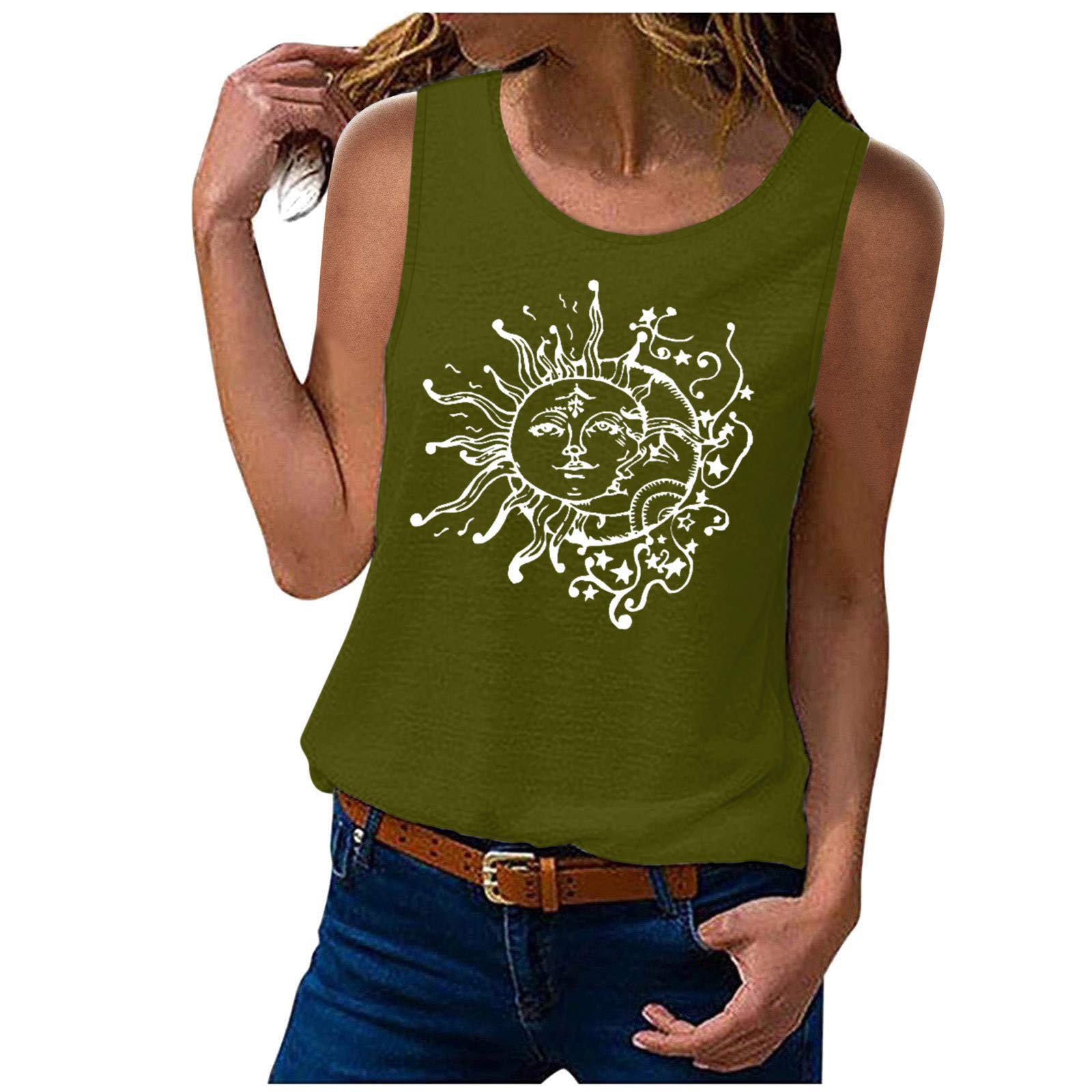 Women's Sleeveless Graphic Print Tee - Moon & Sun Design Summer Loose Cami Crew Neck Tank Top Blouse | Casual Wear, Beach Outfit, Vacation Style, Street Fashion
