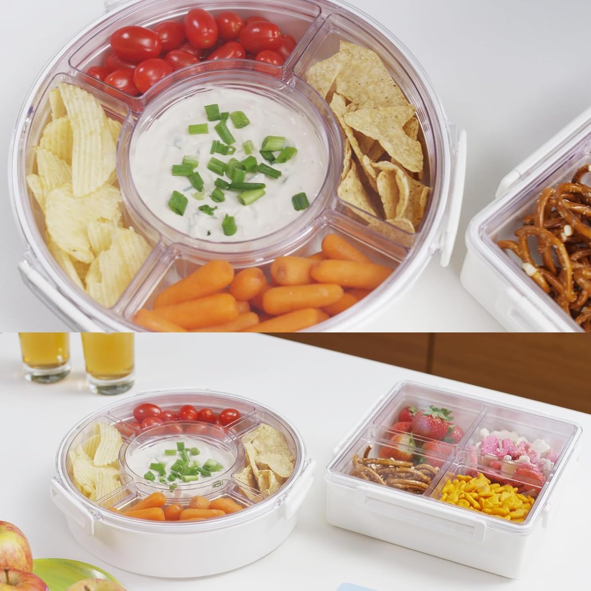 Premium 5-Compartment Airtight Round Serving Tray with Lid - Portable Snack Organizer, Charcuterie Box for Cheese, Fruits, Vegetables & Party Snacks - Perfect for Picnics, Camping & Entertaining