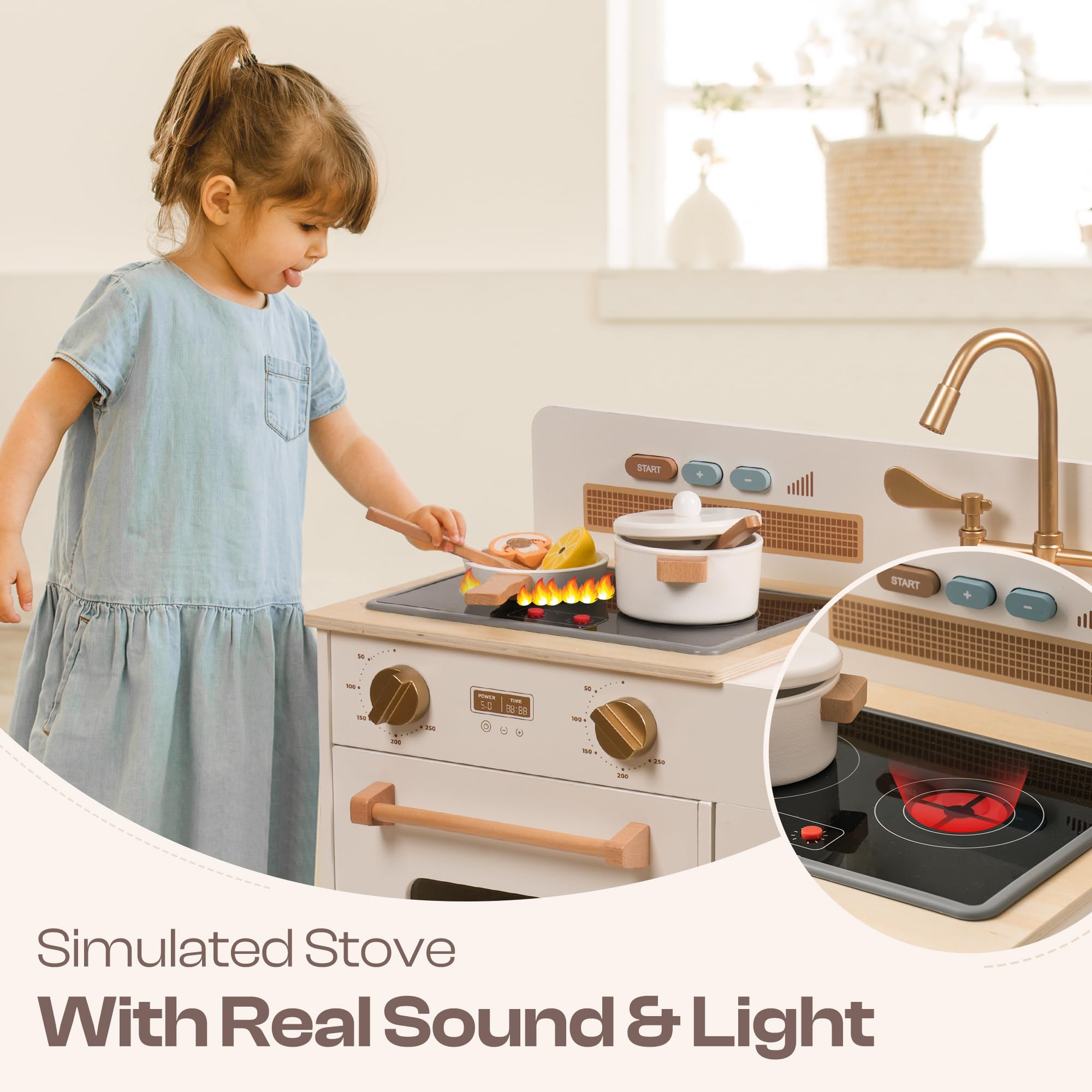ROBOTIME Wooden Play Kitchen for Toddlers - Pretend Play Toy Kitchen with Real Lights, Sounds & Ice Cube Dispenser - Educational Gift for Kids Ages 3+ (White) | Perfect for Pretend Cooking, Role Play & Early Learning at Home or Preschool