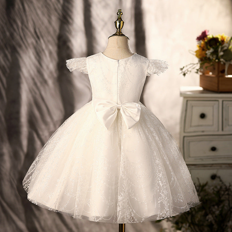 White Lace Princess Flower Girl Dress with Cap Sleeves - Elegant First Communion & Wedding Party Attire for Toddler Girls