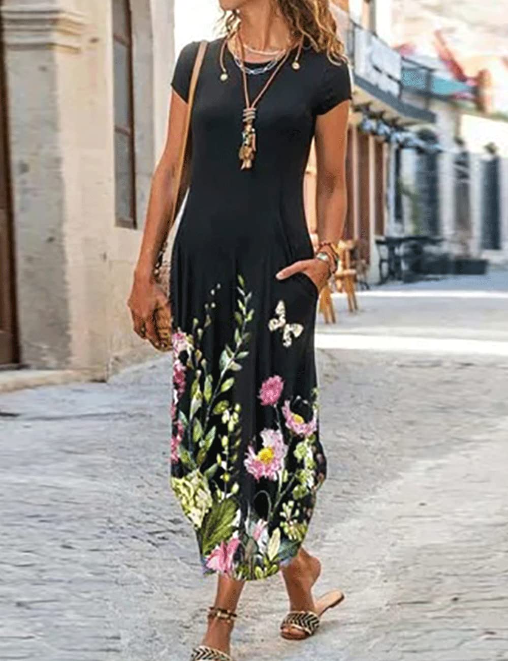 Women's Floral Printed Summer Maxi Dress with Pockets - Boho Casual Short Sleeve Loose Fit Split Hem Dress for Beach Vacation, Outdoor Parties & Date Nights