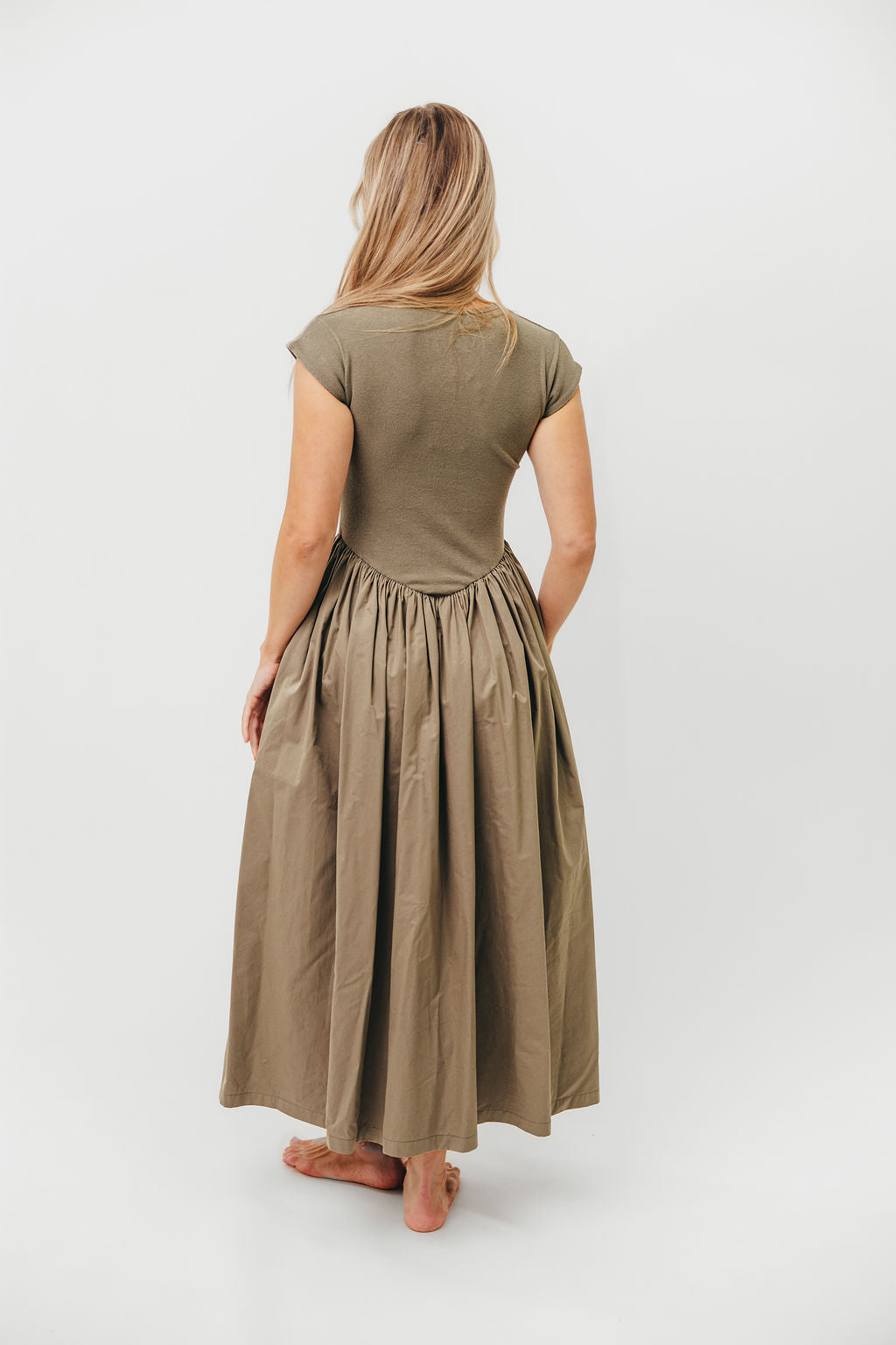 Dolores Olive Rib and Woven Skirt Combo Dress for Women | Elegant Casual Outfit for Parties, Dates & Office Wear