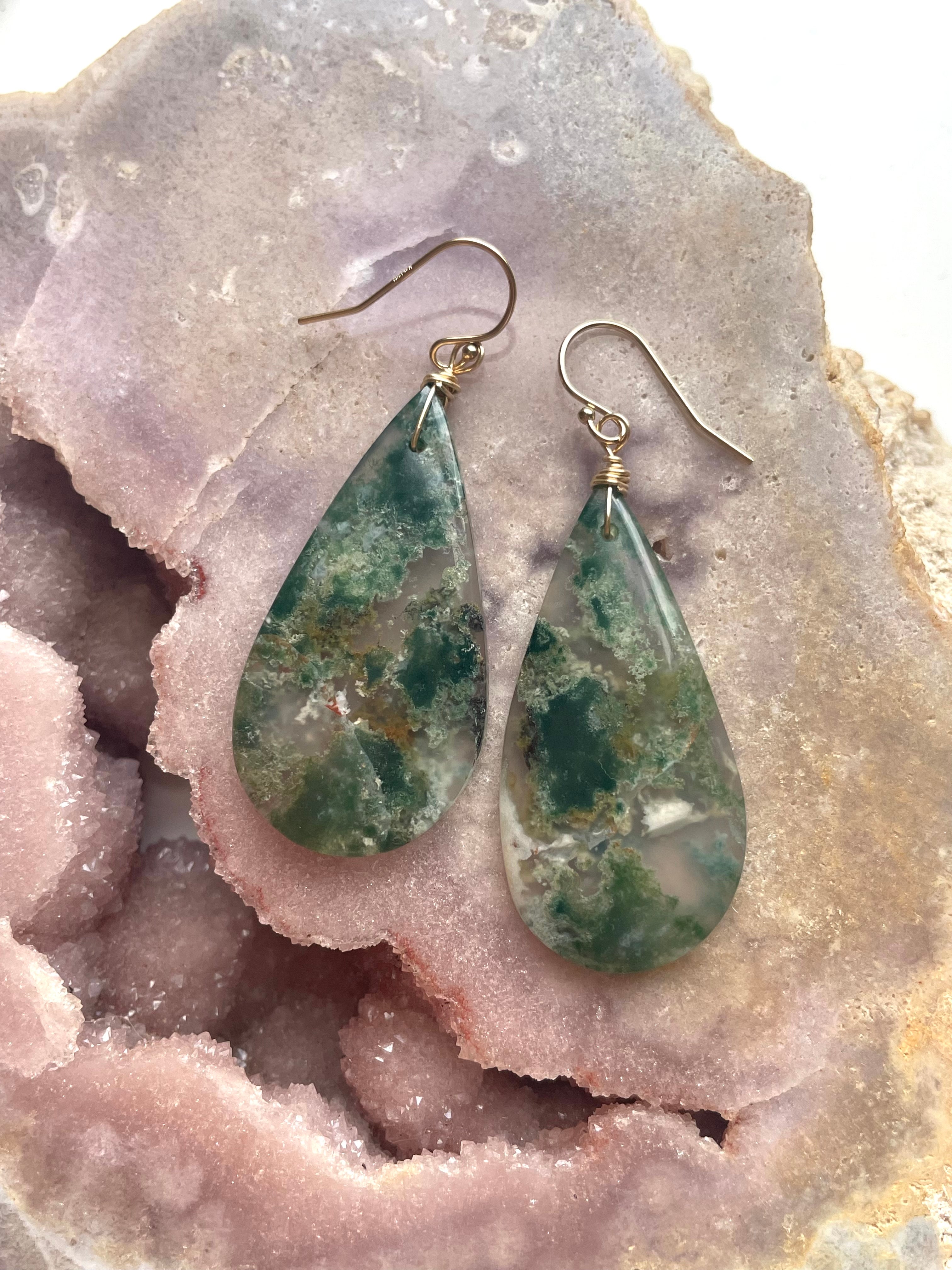 Large Moss Agate Statement Earrings - Gold Filled Dangle Earrings for Women - Elegant Boho Jewelry for Parties, Weddings & Special Occasions