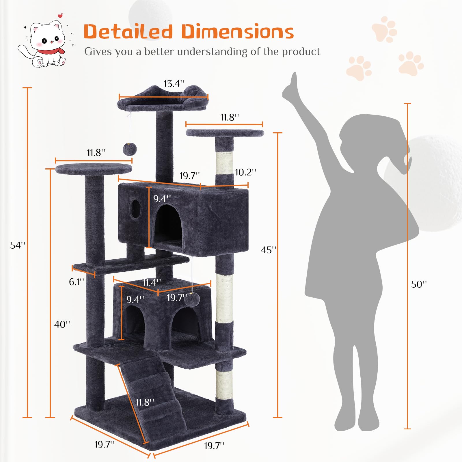 Premium 54-Inch FluffyDream Multi-Level Cat Tree Tower for Indoor Cats - Sisal Scratching Posts, Play House & Condo for Large Cats & Kittens (Gray) | Perfect for Small Apartments & Pet-Friendly Homes