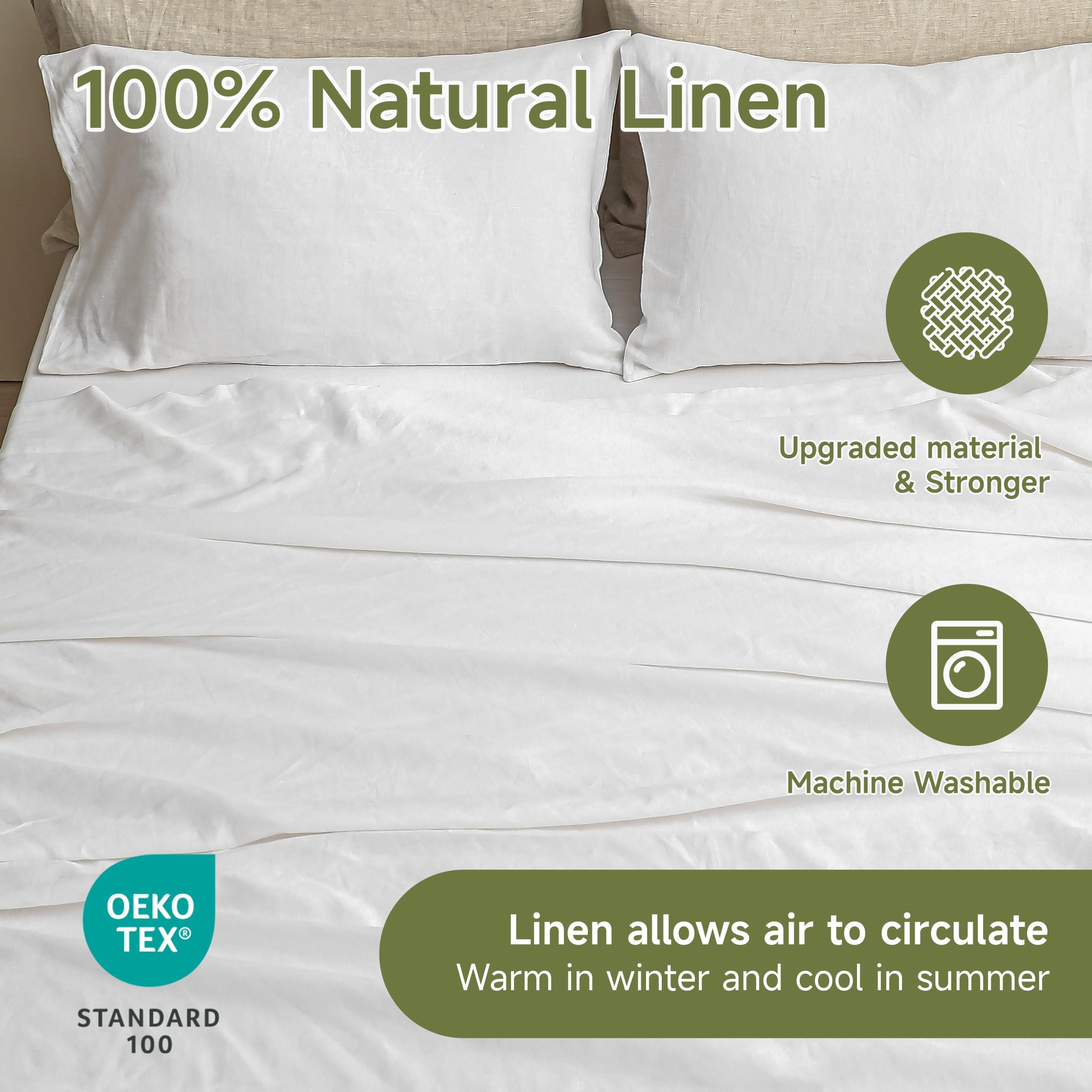 Premium 100% French Linen Sheet Set King Size - 4 Piece Natural Breathable Bedding for All Seasons | Soft & Durable Luxury Bed Sheets | Perfect for Master Bedroom, Guest Room & Vacation Homes (White, King)