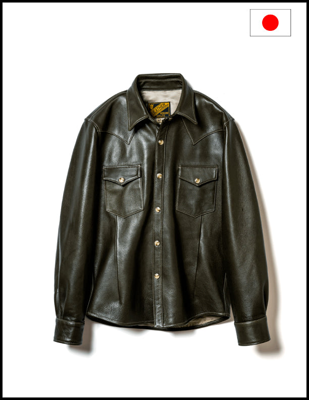 Y'2 Genuine Leather Western Shirt - Steer Oil Finish Olive Green - Perfect for Rodeo, Country Music Festivals & Cowboy Style Outfits