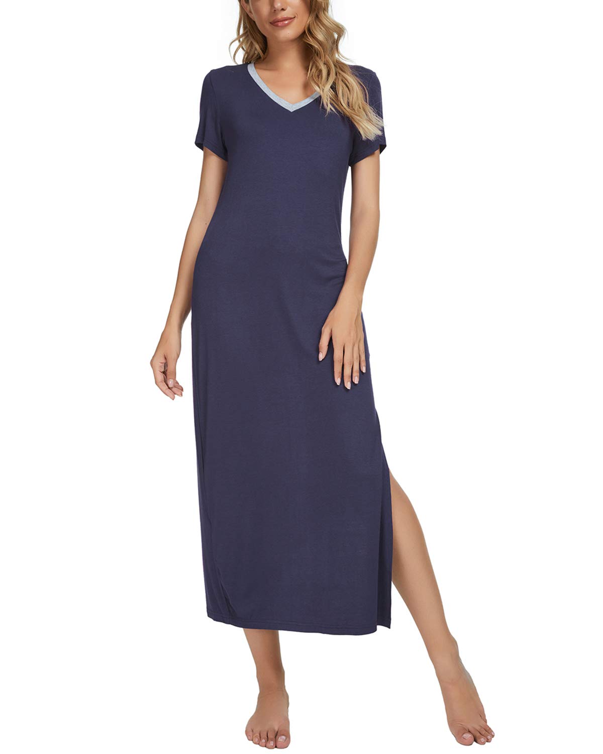 Women's Long Nightgown - Soft Loungewear Sleepwear with Short Sleeves, Side Slit & V-Neck - Full Length Sleep Dress for Comfortable Nights, Relaxing at Home or Romantic Evenings