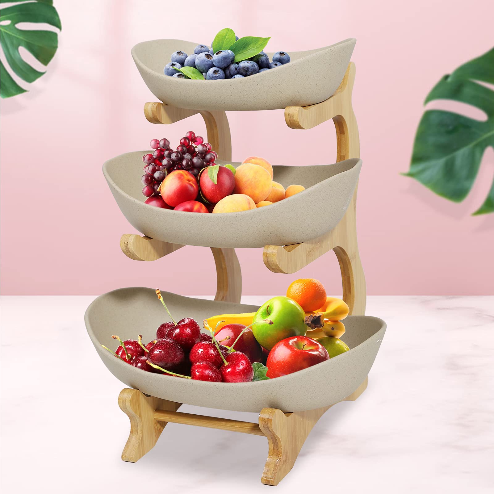 3-Tier Ceramic Fruit Bowl with Bamboo Stand - Large Capacity Serving Tray for Fruits, Vegetables & Snacks | Perfect for Party, Wedding & Home Decor | Durable Kitchen & Dining Storage Solution