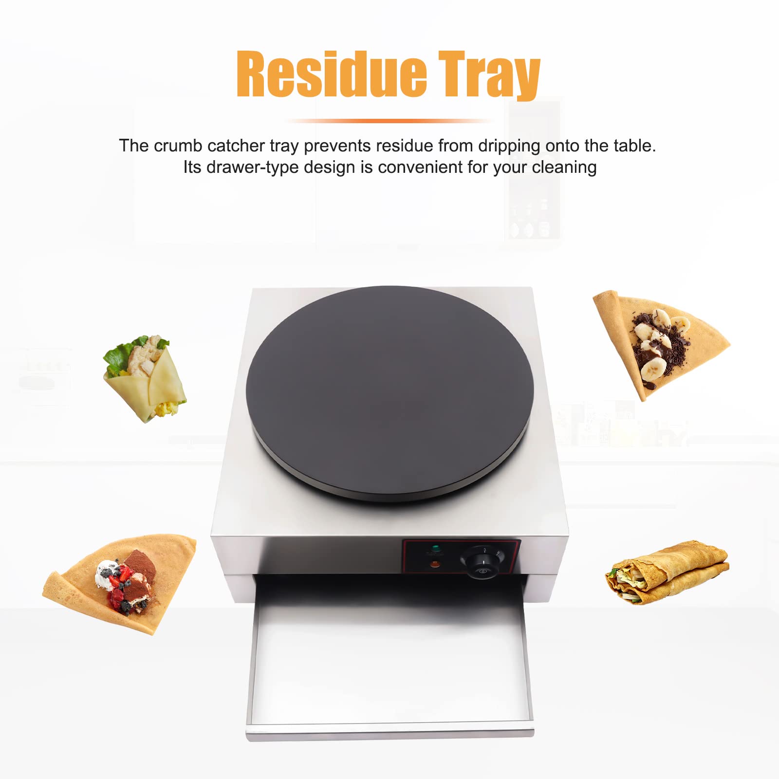 16 Inch Commercial Electric Crepe Maker - 1700W Nonstick Round Hotplate Griddle Machine with Adjustable Temperature for Pancakes, Blintzes, Eggs & Tortillas - Perfect for Restaurants, Cafes & Home Breakfast Cooking