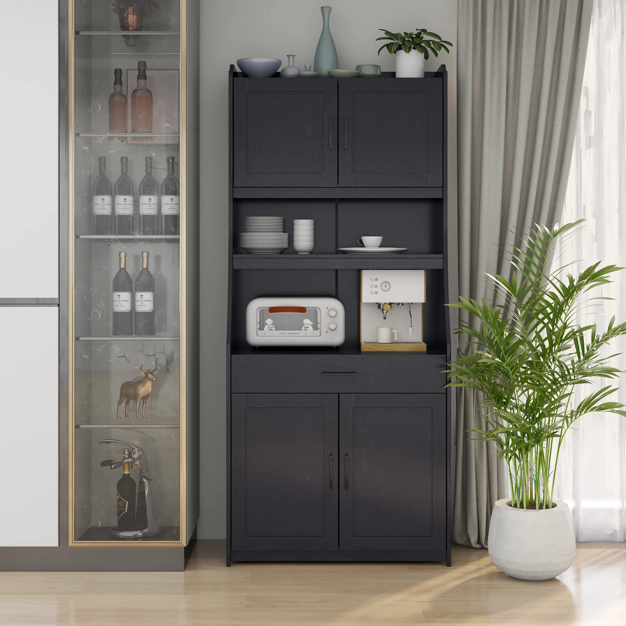 Modern Pantry Cabinet with Adjustable Shelves & Doors - Black Storage Buffet for Kitchen, Dining Room & Living Room - Perfect for Organizing Food, Dishes & Home Essentials
