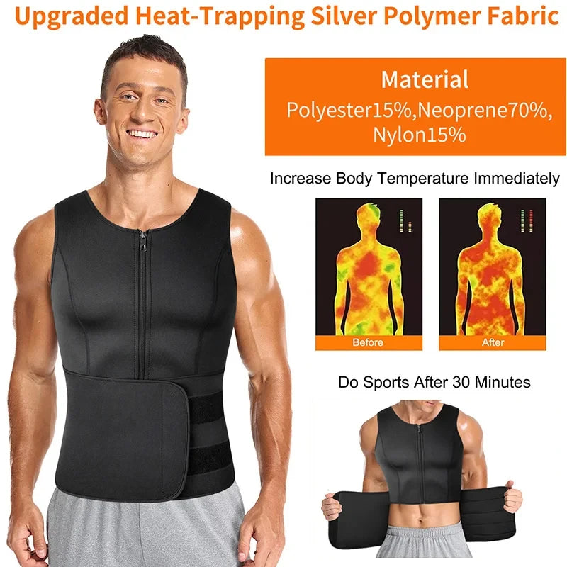 Men's Waist Trainer Body Shaper - Slimming Sauna Vest with Double Belt for Weight Loss & Sweat Control - Perfect for Gym, Workout & Postpartum Recovery