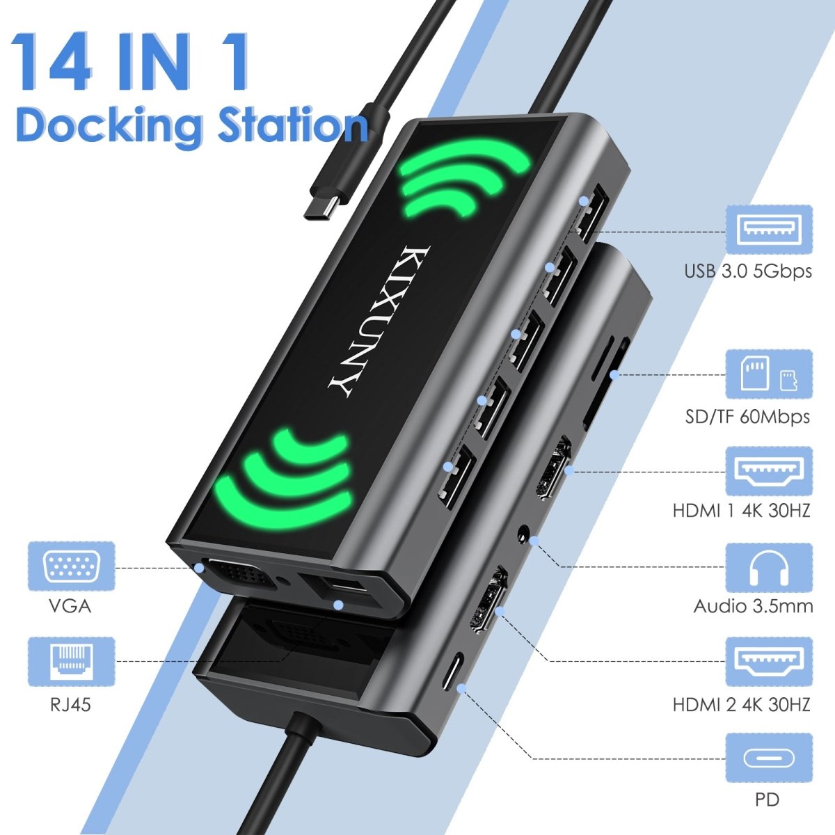 14-in-1 USB C Docking Station with Dual Monitor Support, Wireless Charging, 2 HDMI 4K, VGA, Ethernet, 100W PD, SD/TF Card Reader & 5 USB Ports - Compatible with Dell/HP/Lenovo Laptops - Perfect for Home Office, Remote Work & Multi-Tasking Professionals