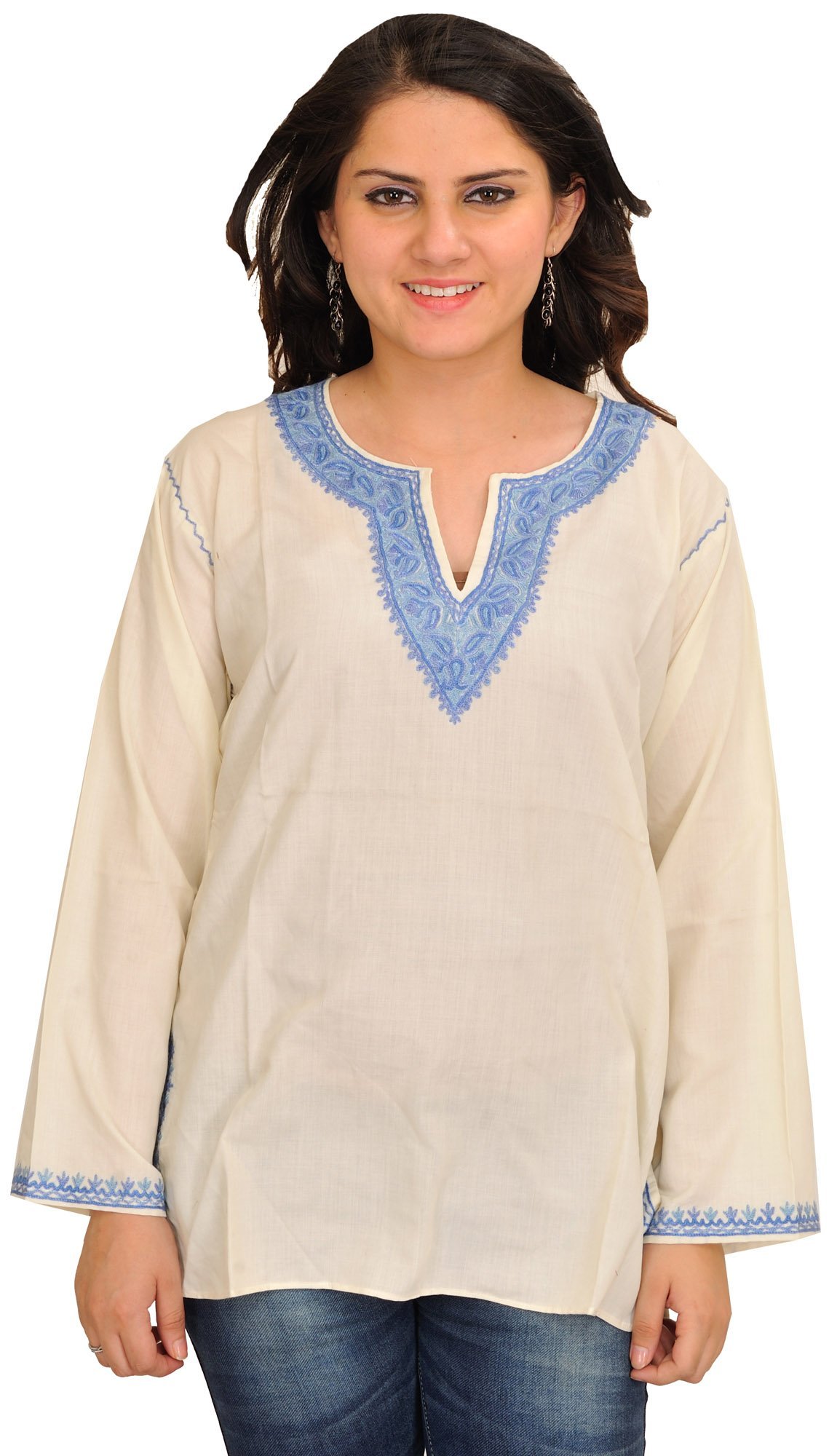 Hand Embroidered Kashmiri Kurti - 100% Pure Cotton Women's Tunic Top for Casual Wear & Festive Occasions