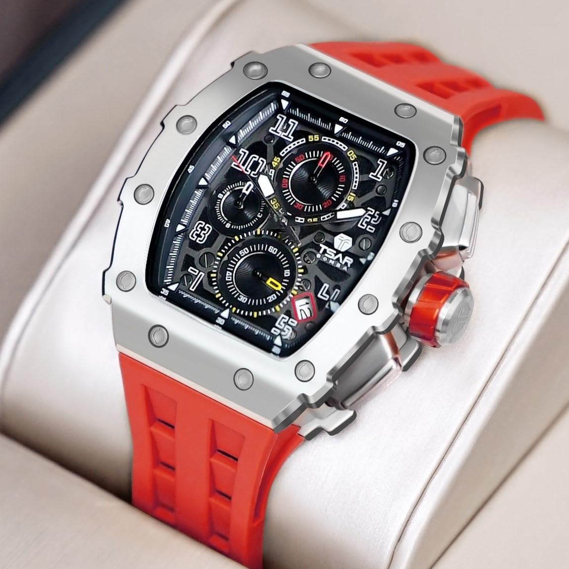 Luxury Men's Watch - 50M Waterproof Tonneau Chronograph with Japanese Quartz Movement & Silicone Band - Perfect for Business, Casual Wear & Gifts