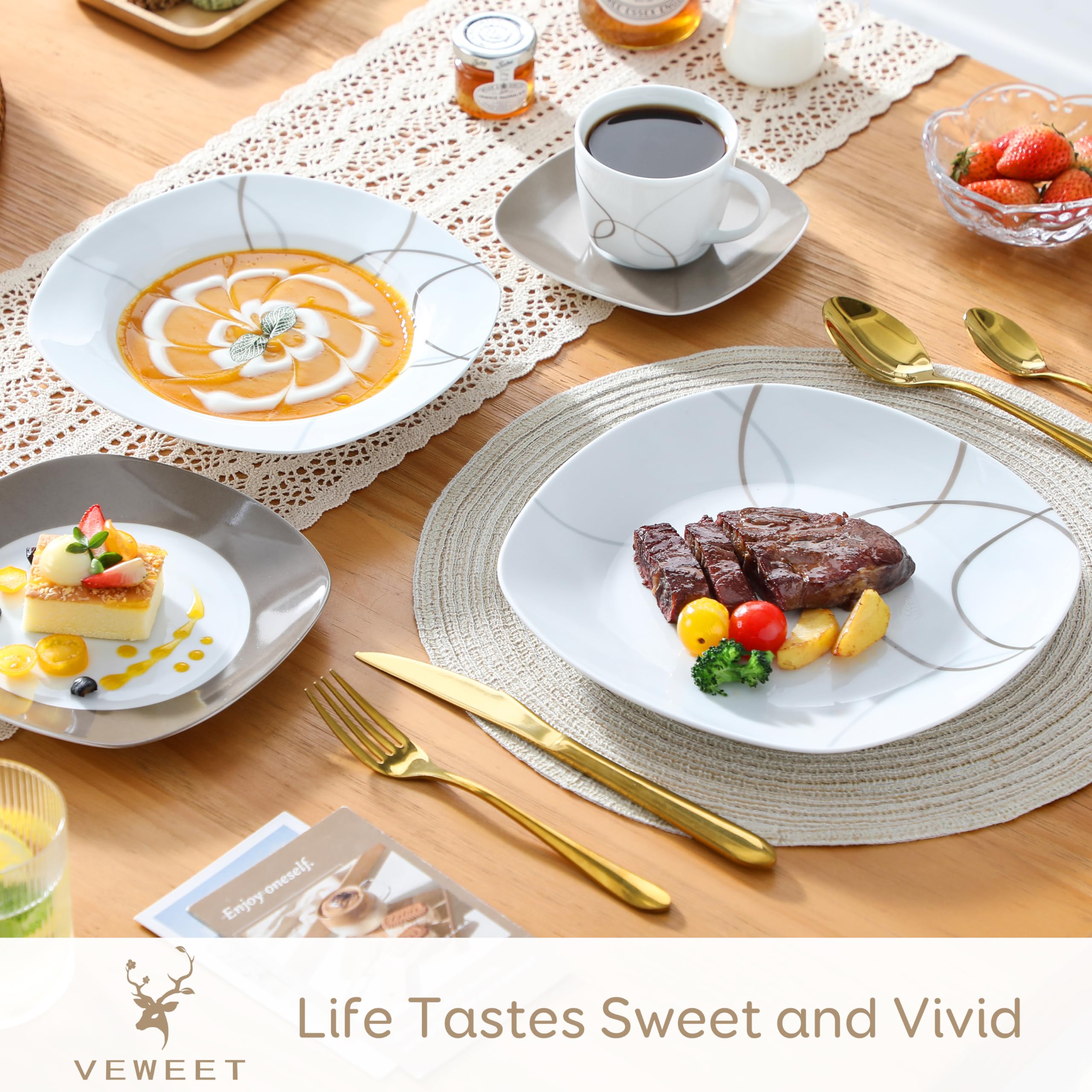 VEWEET Nikita 30-Piece Porcelain Dinnerware Set - White with Brown Lines - 6-Person Table Setting (Plates, Cups & Saucers) - Elegant Tableware for Dinner Parties, Family Meals & Restaurant Use