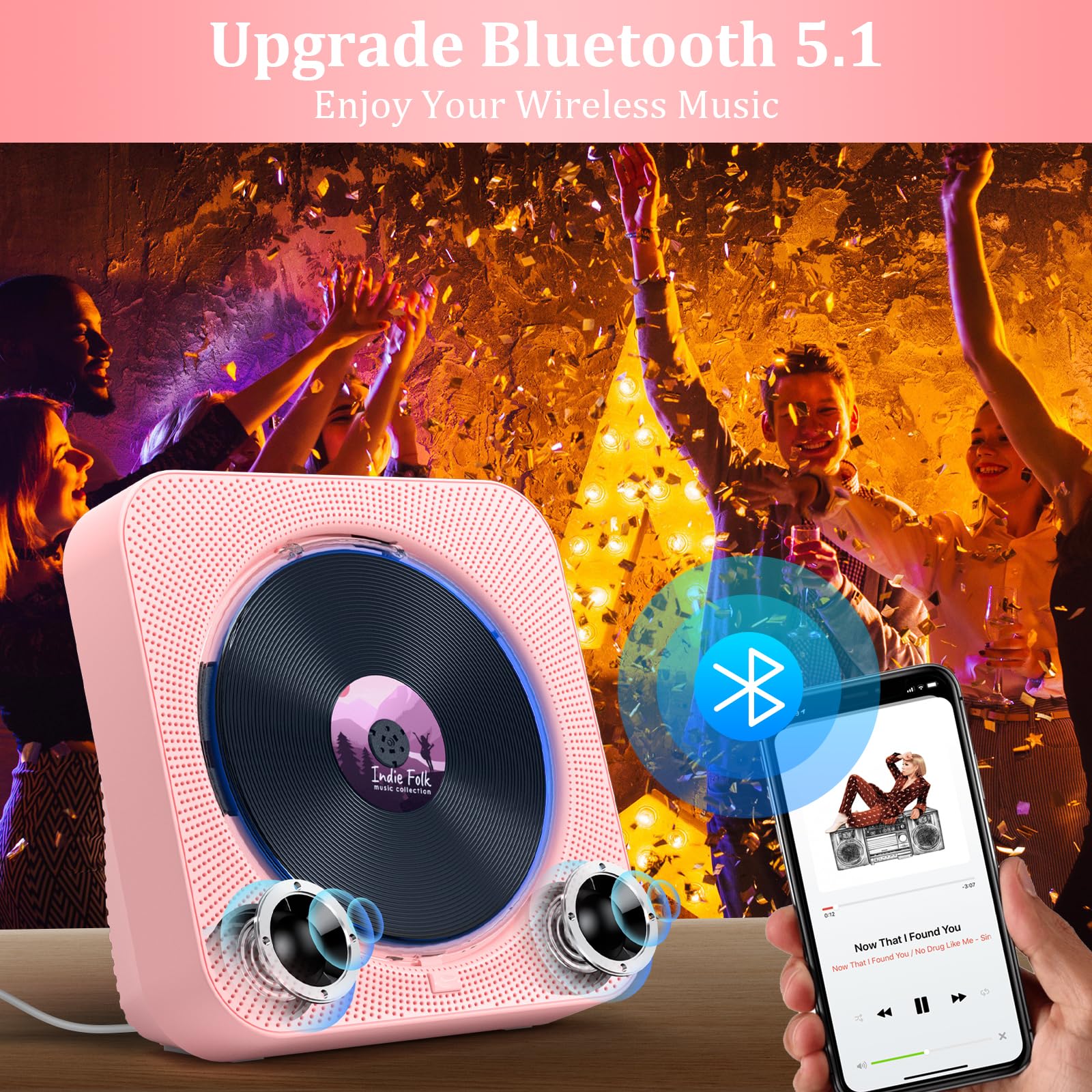 KOVCDVI Bluetooth 5.1 Desktop CD Player with 5W Dual Built-in Speakers, Remote Control, FM Radio, USB/SD/AUX Play - Pink | Perfect for Home Office, Bedroom & Living Room Entertainment