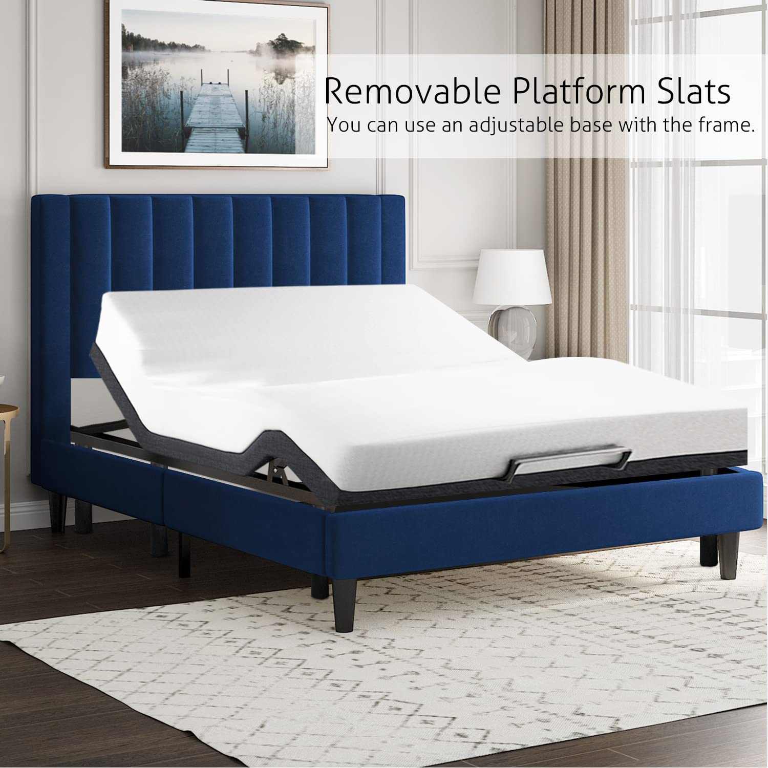 Luxury Velvet Upholstered Queen Size Bed Frame with Headboard - Dark Blue Platform Bed with Sturdy Wood Slat Support, No Box Spring Required | Perfect for Modern Bedrooms, Guest Rooms & Master Suites
