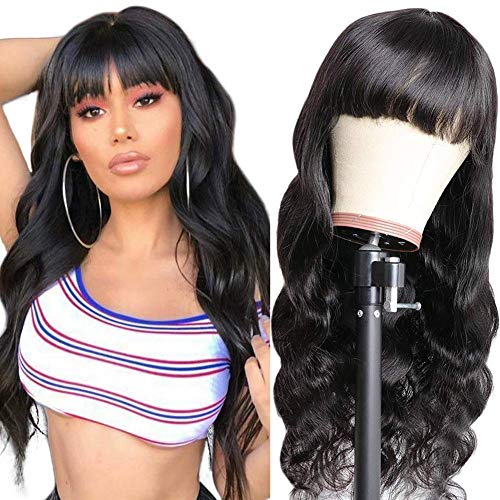 Amella Hair Brazilian Body Wave Wigs With Bangs - 26 Inch Virgin Human Hair Wigs 150% Density, Glueless Machine Made Lace Front Wigs for Black Women - Perfect for Daily Wear, Cosplay & Special Occasions