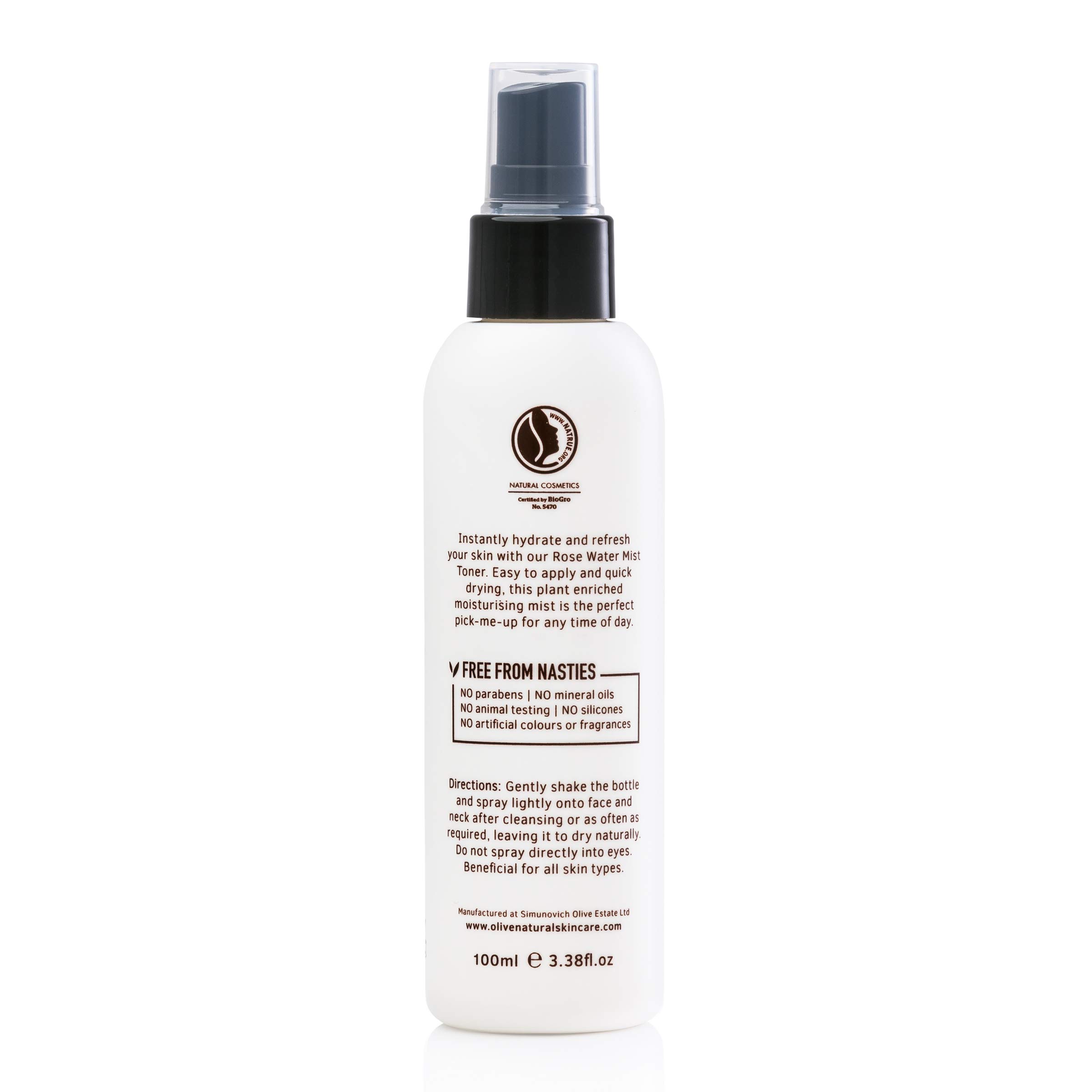 Olive Natural Rose Water Mist Toner - 3.38 fl.oz Hydrating Facial Spray for Dry Skin, Makeup Setting & Refreshment | Organic Skin Care for Women & Men
