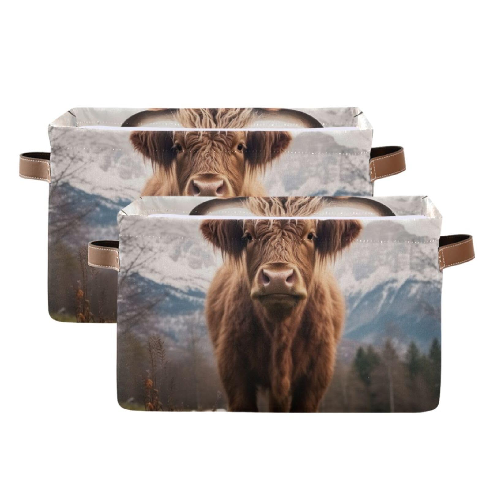 Highland Cows Foldable Storage Baskets - 2 Pack Rectangle Canvas Fabric Organizer Boxes with Handles for Clothes, Home & Office Organization | Perfect for Closet Shelves, Bedroom Decor and Laundry Storage