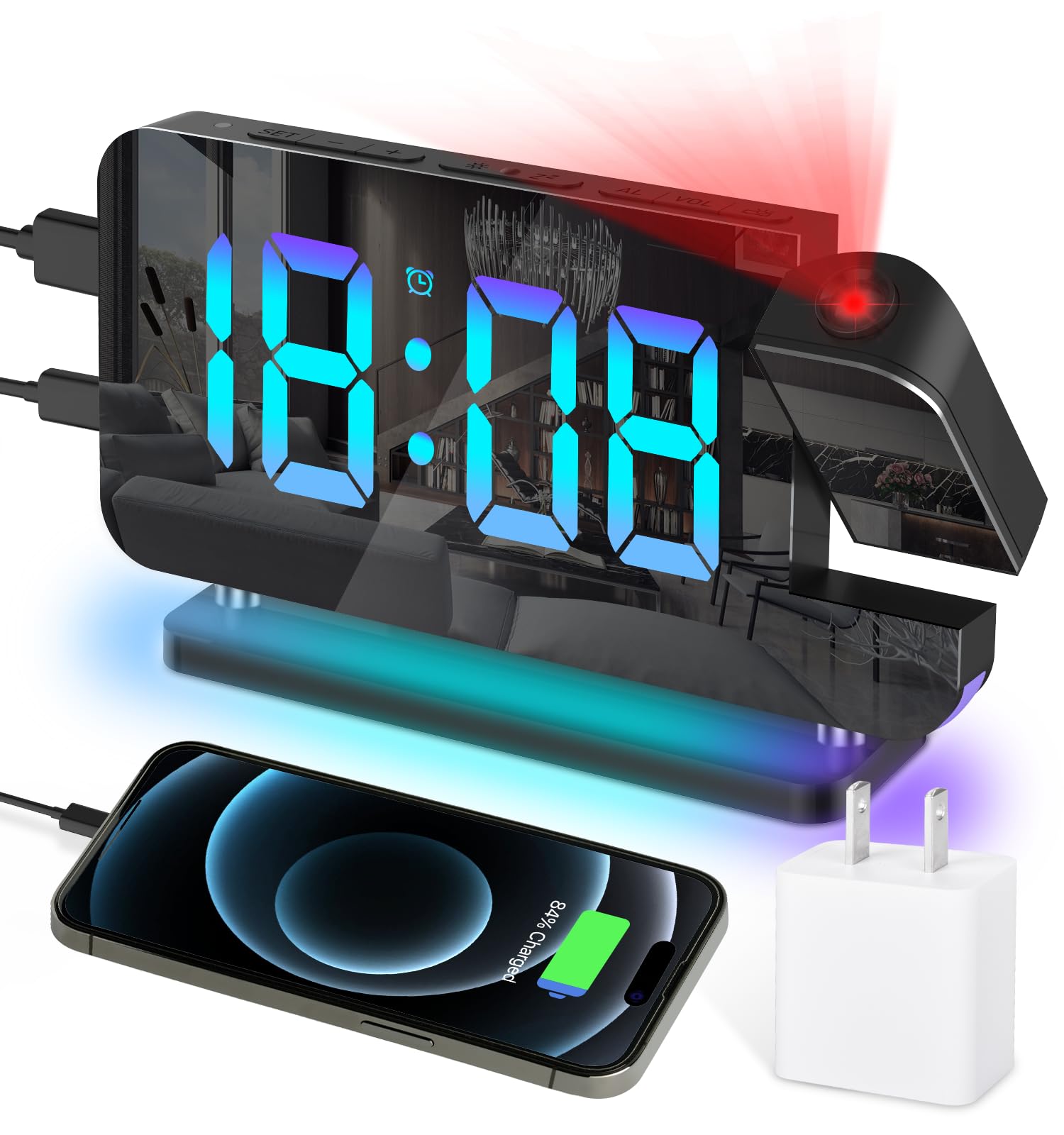 Digital Projection Alarm Clock with 180° Rotatable Projector & RGB Night Light - Auto Dimmer, Snooze, 12/24H Display, Dual USB Charger Ports - LED Desk Clock for Bedroom, Office & Home Decor