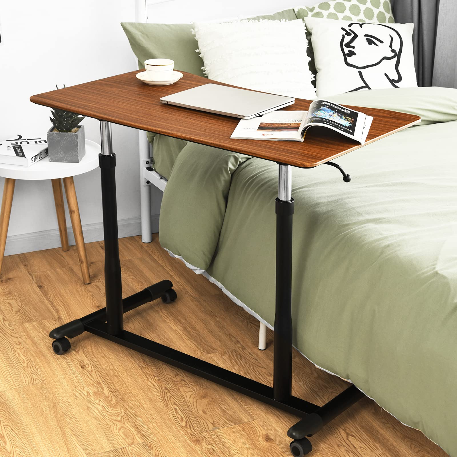 Tangkula Adjustable Height Mobile Standing Desk with Wheels - Rolling Compact Computer Desk for Home Office, Steel Frame & MDF PVC Tabletop (Brown) - Perfect for Small Spaces, Work from Home & Office Ergonomics