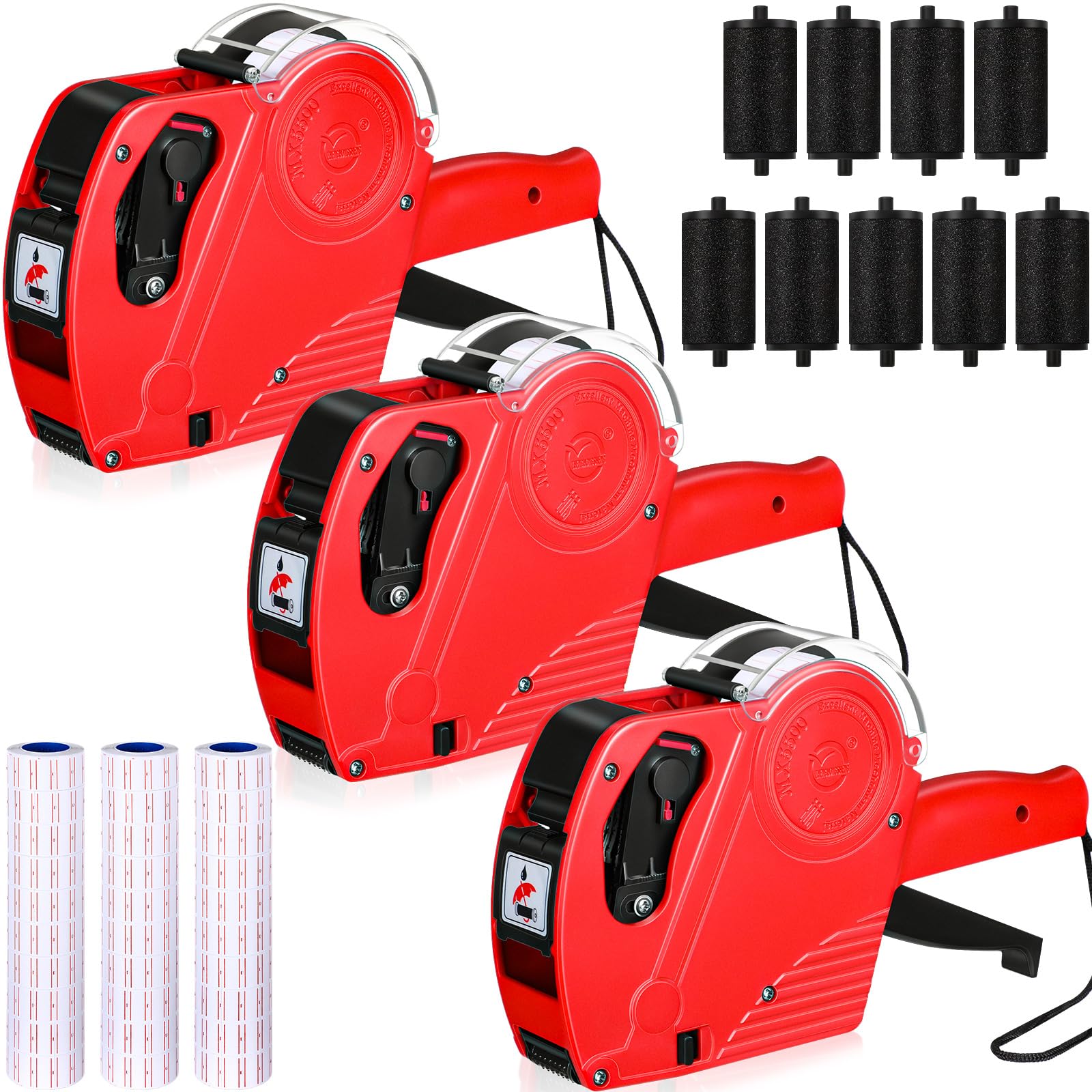 3 Pack 8-Digit Pricing Gun Kit with 12,000 Labels & 9 Ink Rollers - Retail Price Tag Labeler for Supermarket, Grocery Store, Bakery, Clothing Shop - Perfect for Pricing Food, Produce, Clearance Items & Inventory Management (Red)