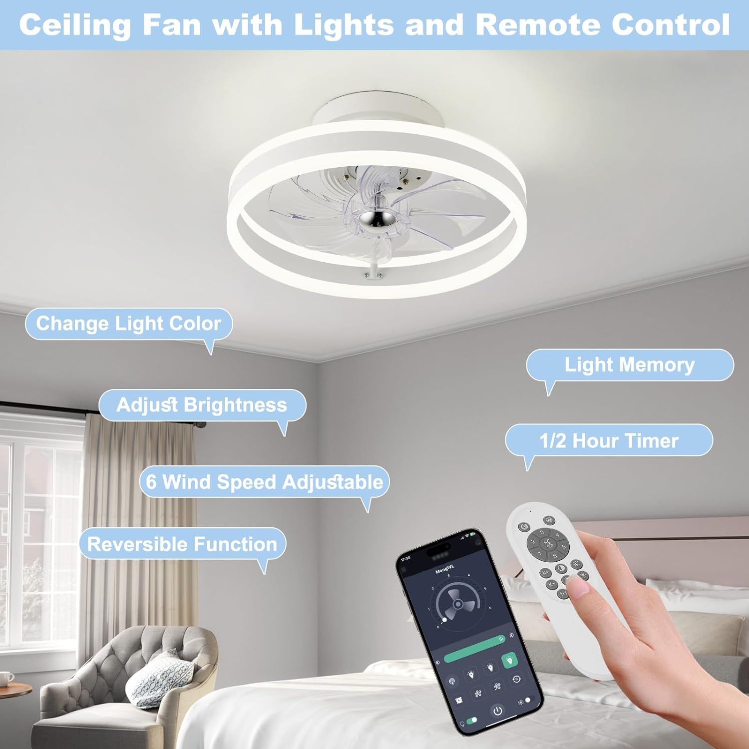 RIYNFO Modern Flush Mount Ceiling Fan with Light - Remote Control, Reversible 6 Speeds, 3CCT Dimmable LED, Ultra Quiet - White Ceiling Fan for Bedroom, Living Room, Office Indoor Use - Perfect for Home Cooling and Stylish Lighting