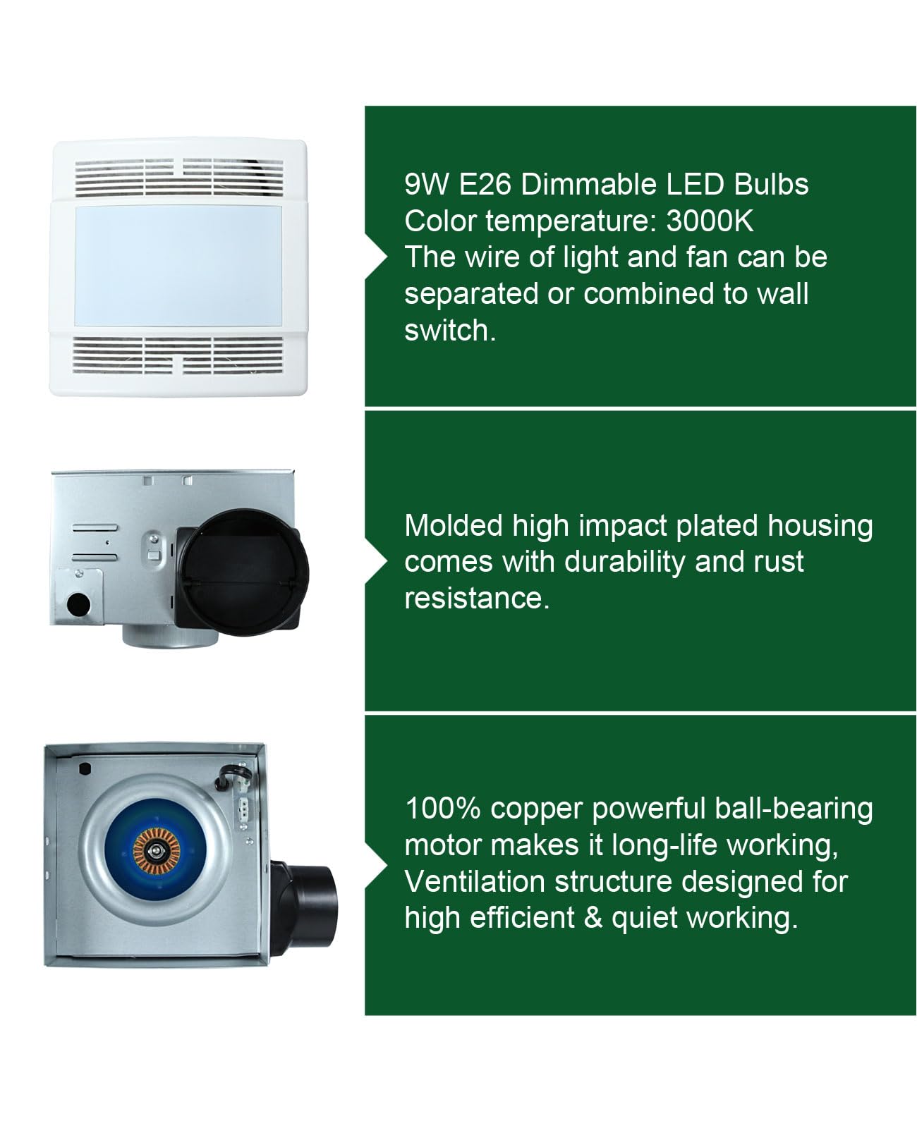 Akicon Ultra Quiet 90 CFM Bathroom Exhaust Fan with LED Light - 1.5 Sones Ventilation Fan for Bathroom, Home & Office - Powerful Air Circulation for Moisture & Odor Control - Perfect for Showers, Laundry Rooms & Small Spaces - 3 Year Warranty
