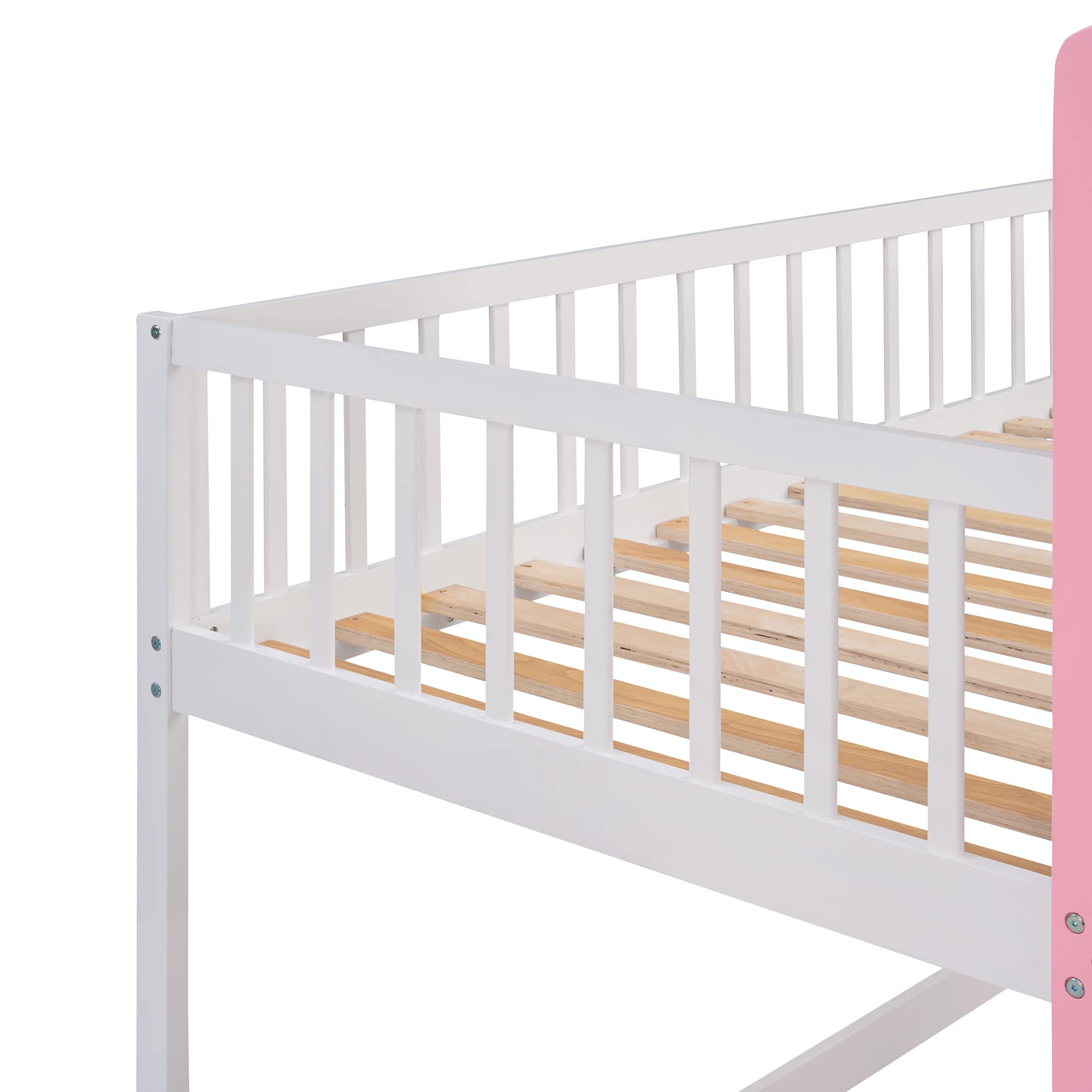 MERITLINE Twin Over Twin Wooden Castle Loft Bunk Bed with Safety Rail & Ladder - Kids Low Bunk Bed Frame for Boys & Girls - Perfect for Bedroom, Dorm, Playroom & Sleepovers (Pink)