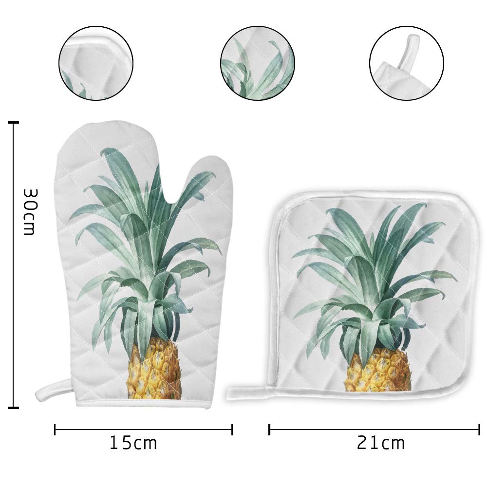 Heat Resistant Non-Slip Pineapple Oven Mitt & Pot Holder Set - Chic Kitchen Decor for Baking, BBQ, Grilling & Cooking - Tropical Fruit Themed Kitchen Accessories for Home & Outdoor Use