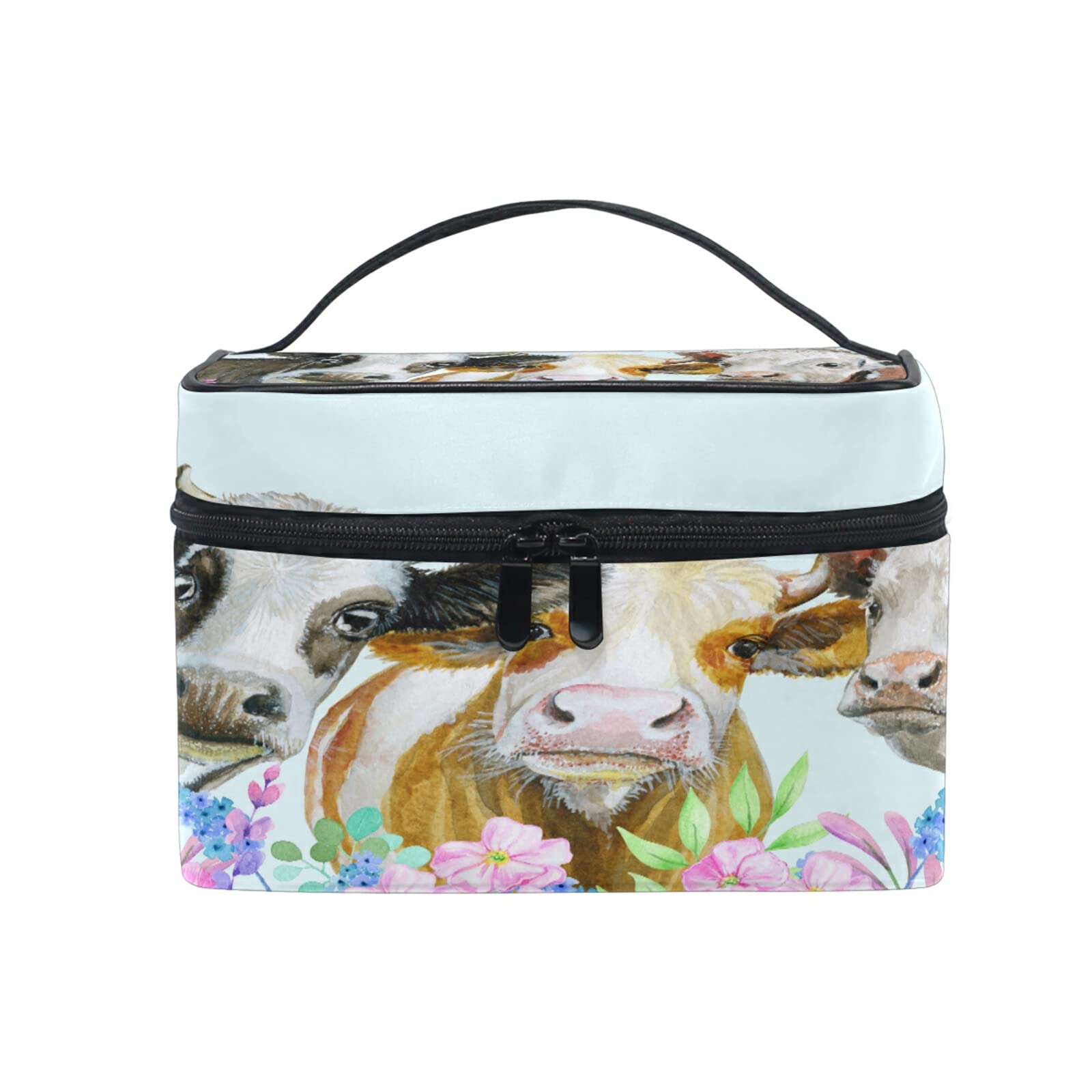 Waterproof Cosmetic Makeup Bag with Handle - Travel Organizer for Women & Girls, Cute Farm Cow Flower Design, Zippered Storage Pouch for Toiletries, Makeup Brushes, Jewelry | Perfect for Travel, Gym, Beach & Daily Use