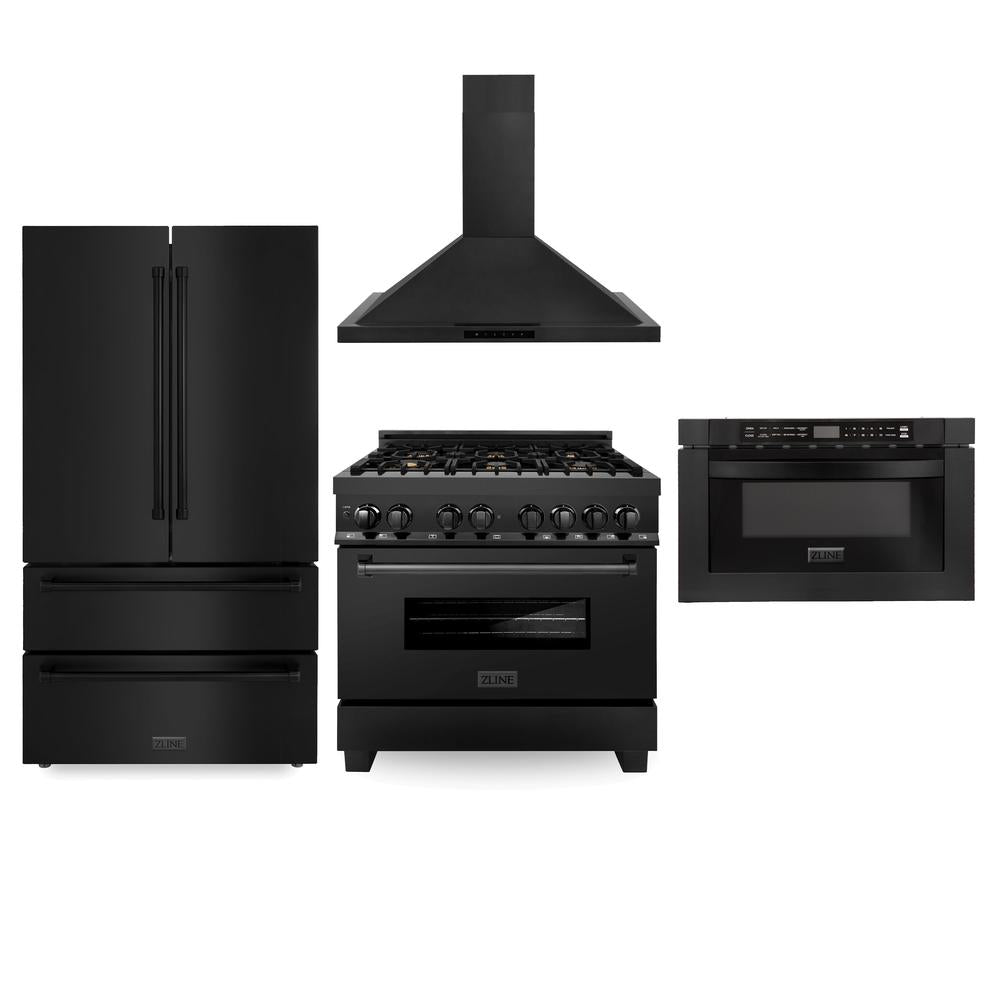 ZLINE 36-inch Black Stainless Steel Kitchen Package - Dual Fuel Range, Range Hood & Microwave Drawer (4KPR RABRH36 MW) | Premium Appliance Bundle for Modern Kitchens & Home Renovations