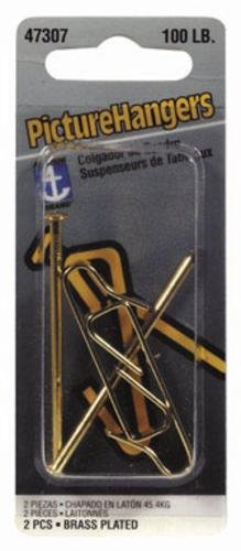 Hillman 100 lb Brass Plated Picture Hanger with Nails - Heavy Duty Wall Hooks for Framed Photos, Paintings & Mirrors - Secure Hanging Solution for Home & Office Decor