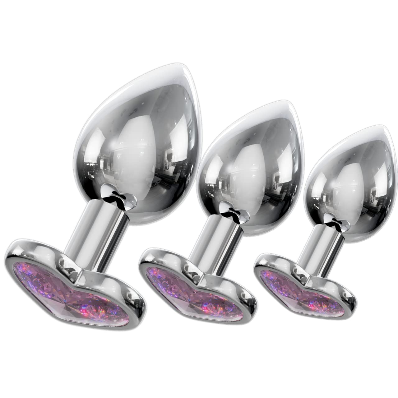 Bed Geek Stainless Steel Jeweled Anal Plug Set - 3 Sizes with Velvet Storage Bag (Heart Light Pink) | Discreet Adult Sex Toy for Couples & Solo Play