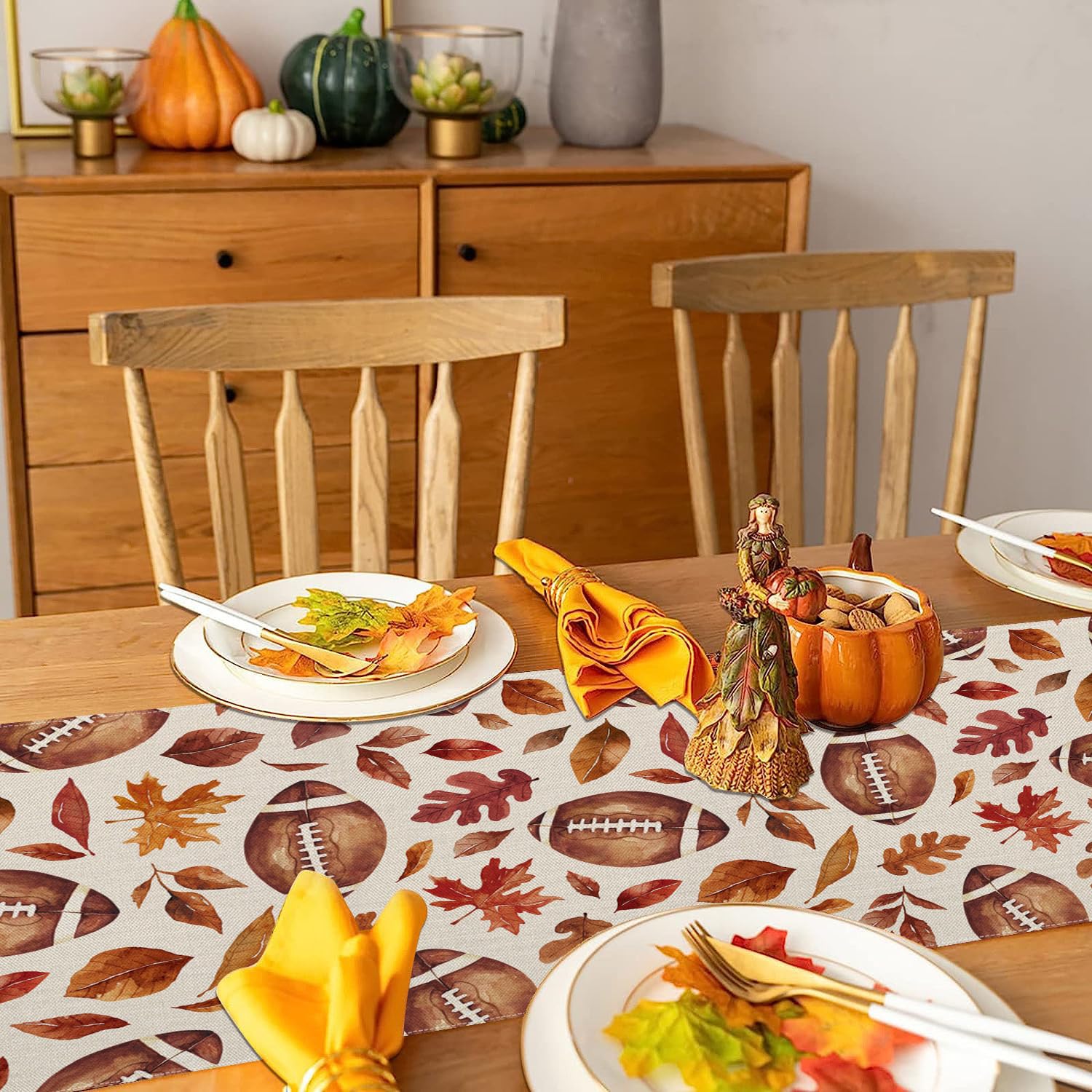 13x72 Inch Fall Table Runner with Football & Maple Leaves Design - Seasonal Harvest Autumn Thanksgiving Decor for Farmhouse, Home, Kitchen, Dining & Party | Perfect for Thanksgiving Dinner, Fall Weddings & Seasonal Home Decor