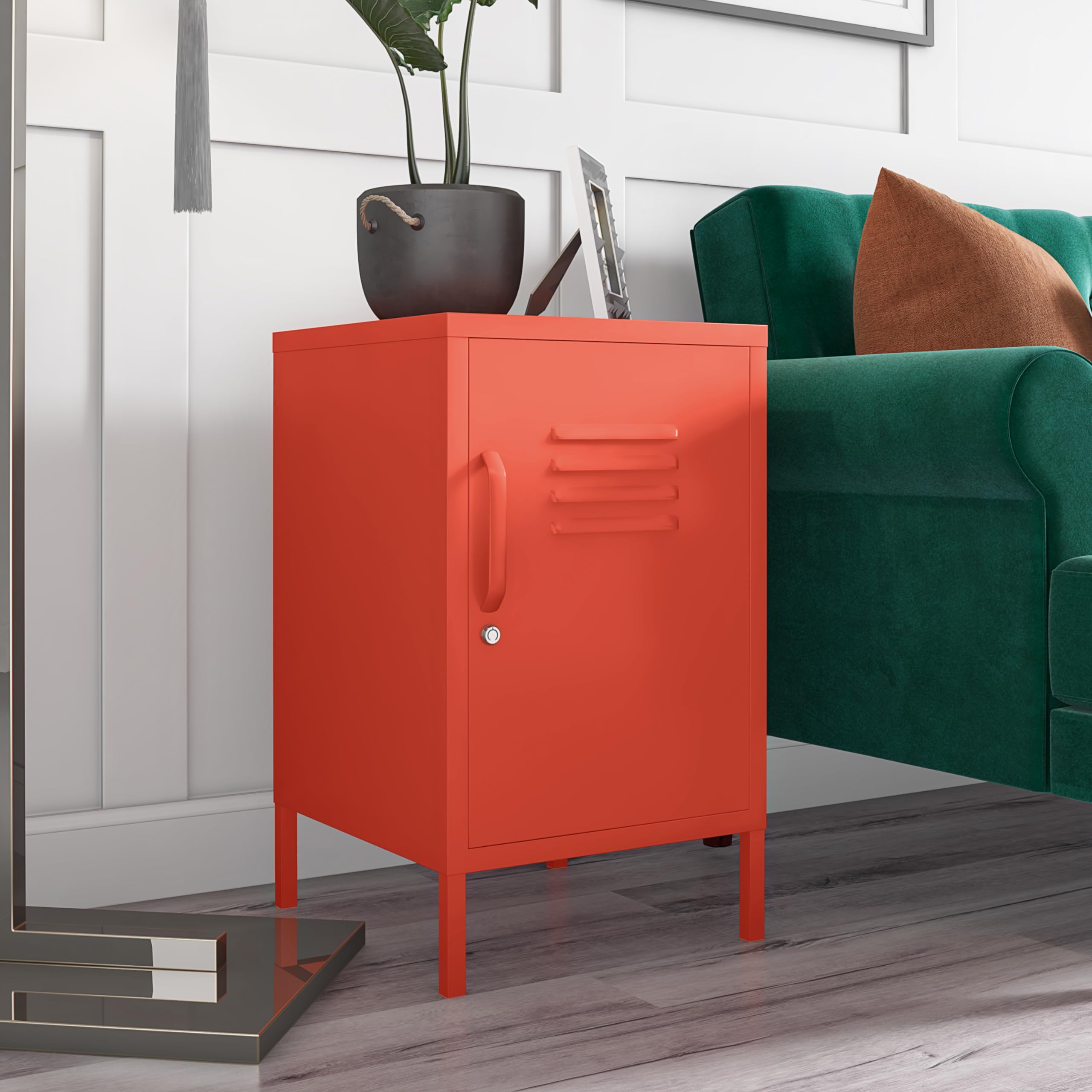 Novogratz Cache Metal Locker End Table - Orange Nightstand with Storage Shelf | Perfect for Bedroom, Living Room & Dorm Decor