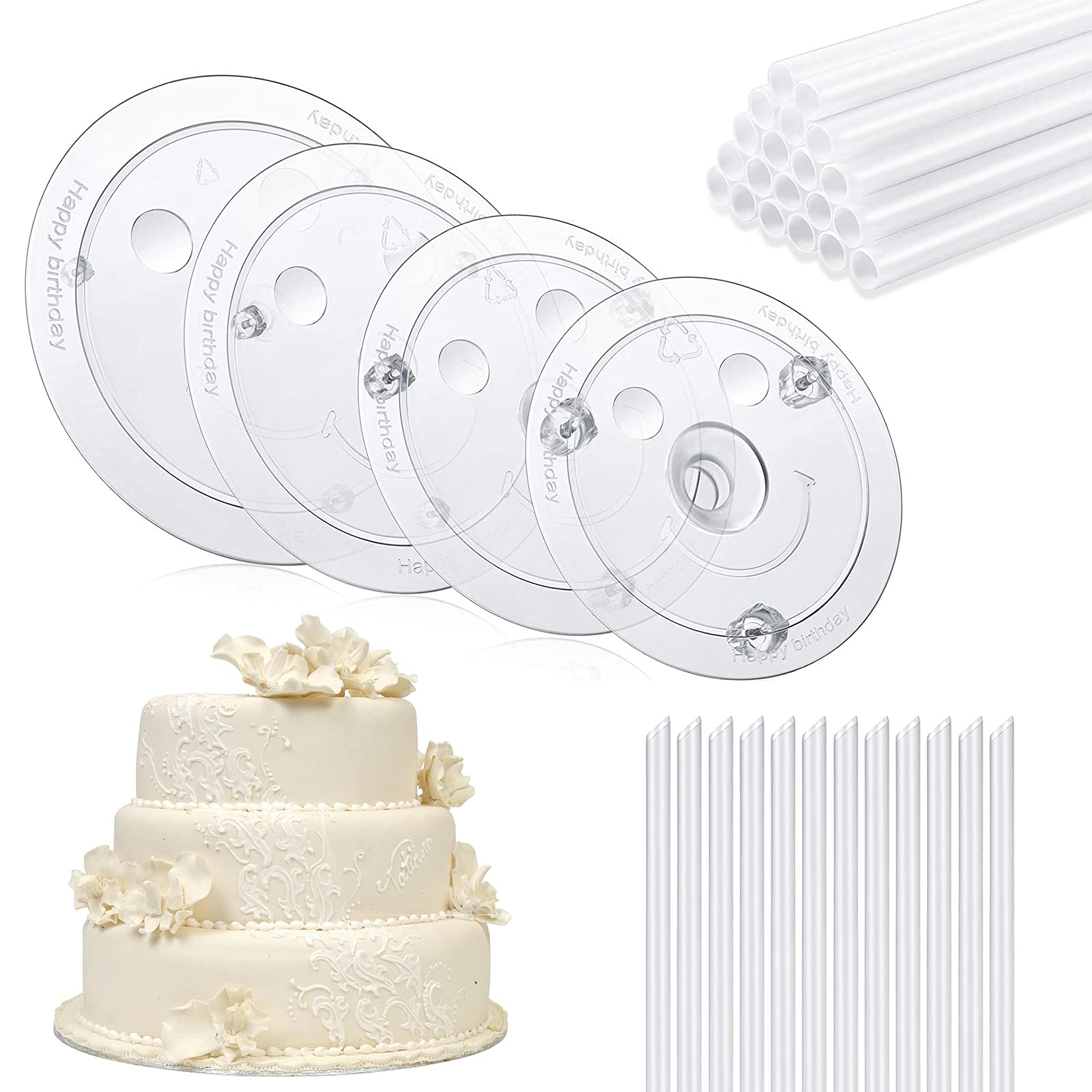 QPEY Cake Support Rods with Cake Board Drums - 4PCS White Plastic Cake Separator Plates & 32PCS Support Sticks for Multi-Tiered Wedding, Birthday Party Cakes - Perfect for Cake Decorating, Baking Supplies & Professional Dessert Displays