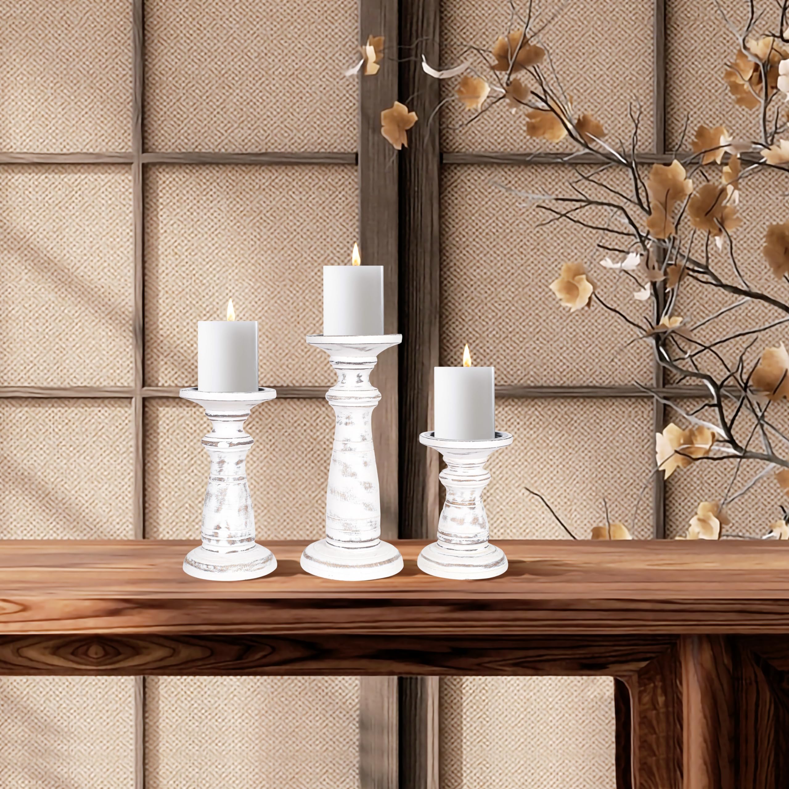 Handmade Wooden Pillar Candle Holders Set of 3 (10, 8, 6 Inch) - Antique White Decorative Candle Stand for LED, Pillar, Votive Candles - Perfect for Weddings, Christmas, Parties, Home Decor, Reiki, Aromatherapy & Garden Use