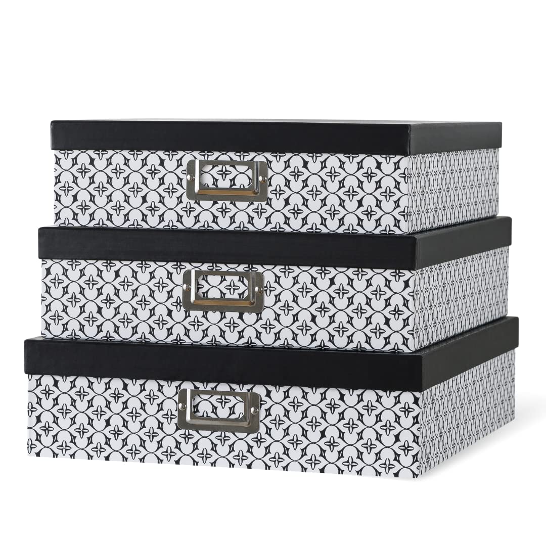 Soul & Lane Black and White Decorative Storage Boxes with Lids - Set of 3 Jumbo Organizer Boxes for Scrapbooking, Documents, Keepsakes & Memories - Modern Trellis Design for Home Office & Craft Room Organization