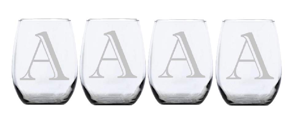 Personalized Monogrammed Stemless Wine Glasses 4-Pack - Custom Etched Glassware with Letter A - Perfect for Weddings, Bridal Showers & Dinner Parties