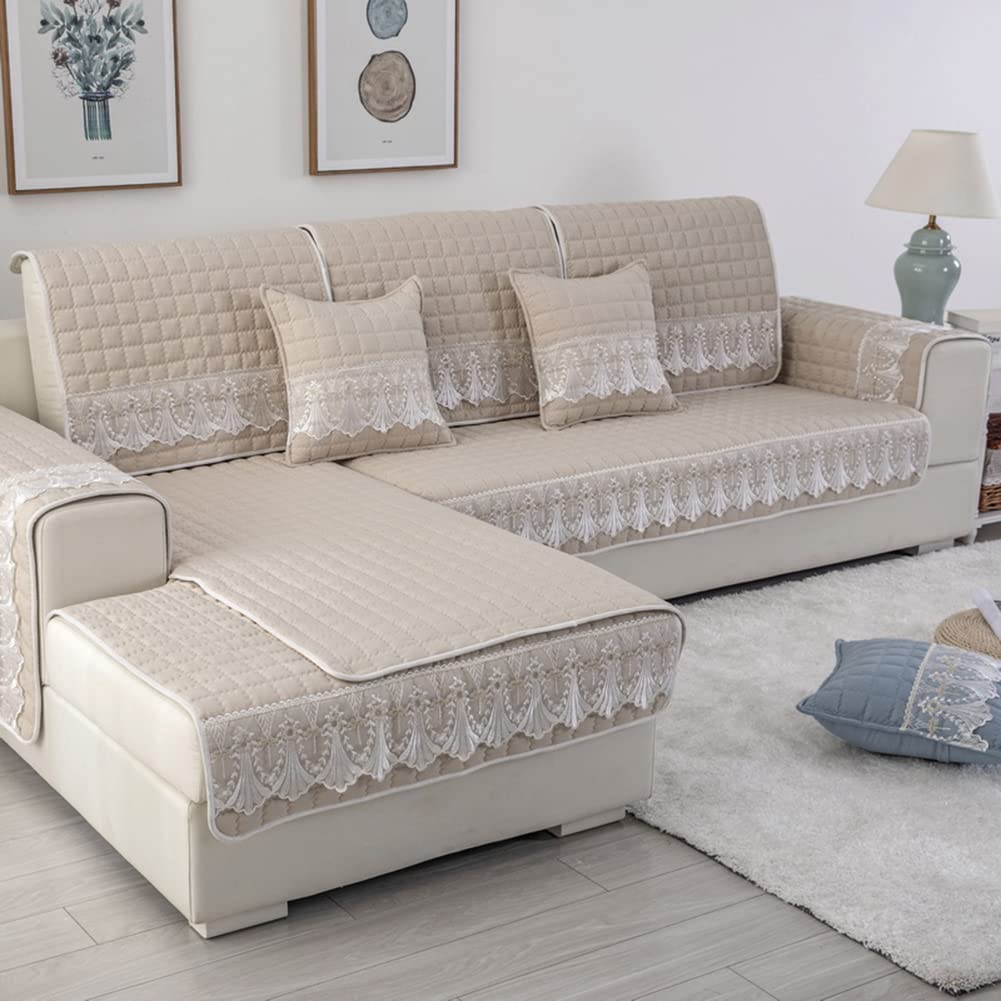 VCTOPS Farmhouse Solid Color Non-Slip L-Shaped Sofa Slipcover with Lace Trim - Plaid Quilted Sectional Couch Cover Furniture Protector for Pets, Kids & Children (Beige, 28