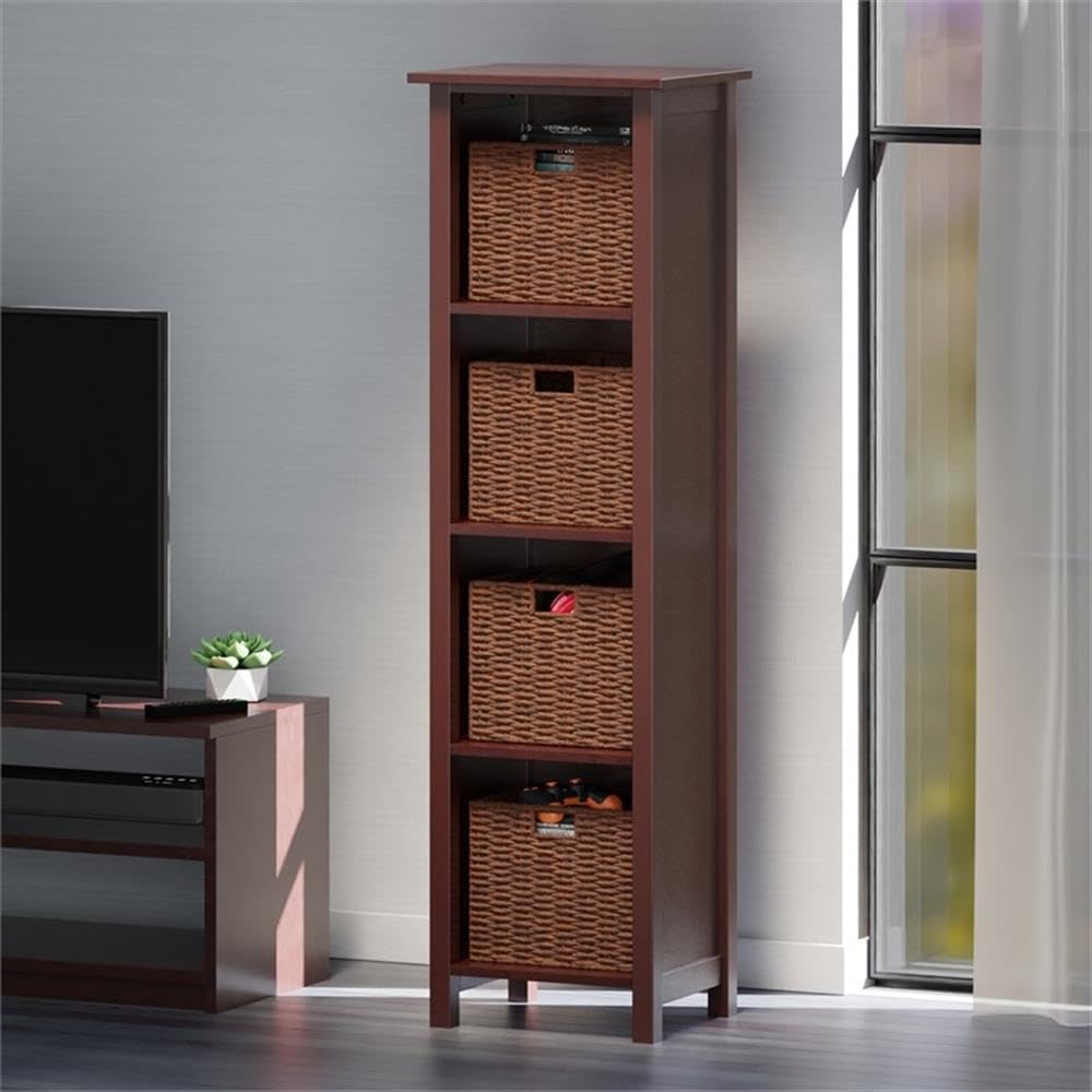 Winsome Wood Milan 5-Piece Storage Shelf with 4 Foldable Woven Baskets in Walnut - Space Saving Organizer for Bedroom, Living Room & Office