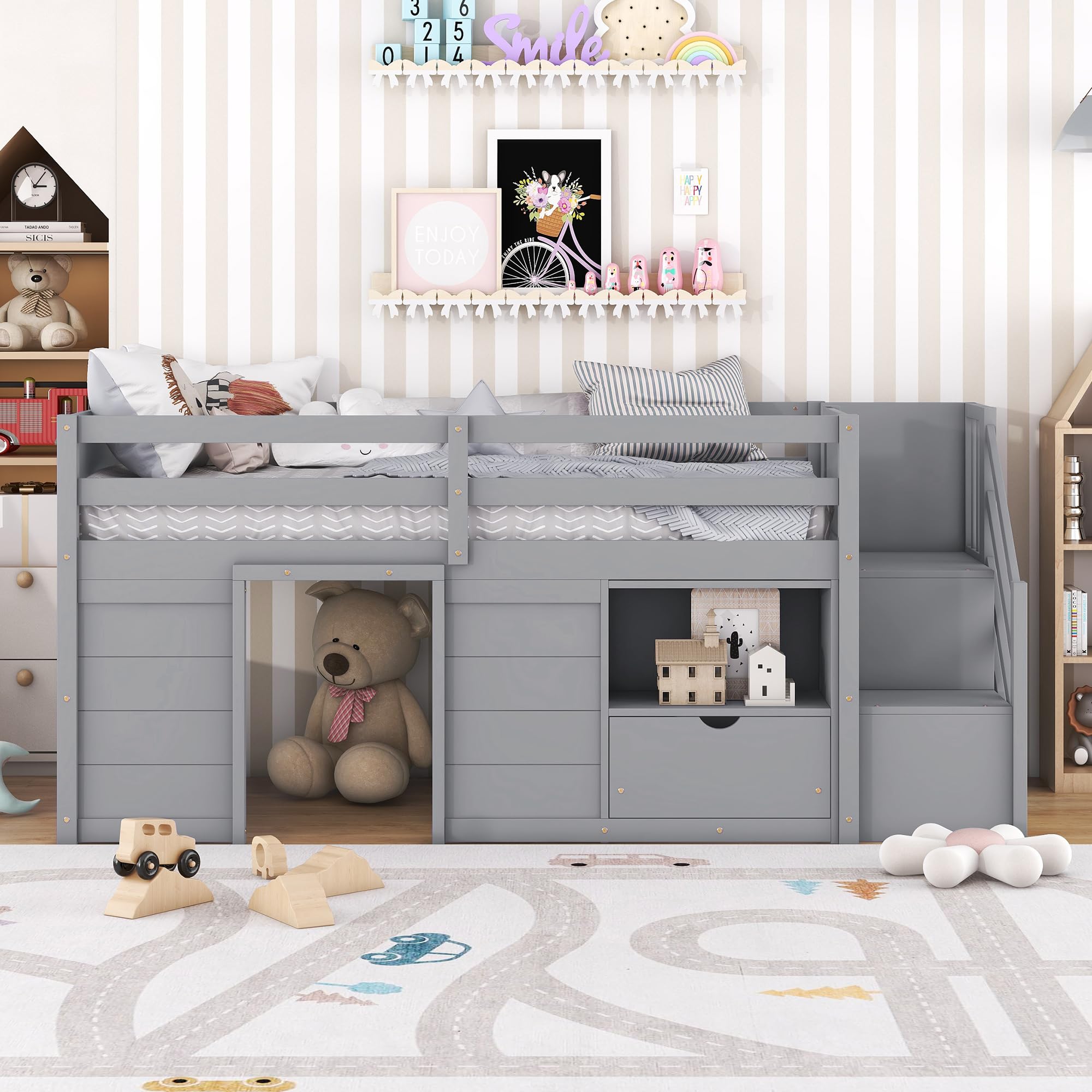 Bellemave Twin Size Low Loft Bed for Kids - Wooden Loft Beds with Storage, Modern Farmhouse Style, No Box Spring Needed - Perfect for Small Bedrooms, Dorm Rooms & Kids' Rooms (Gray)