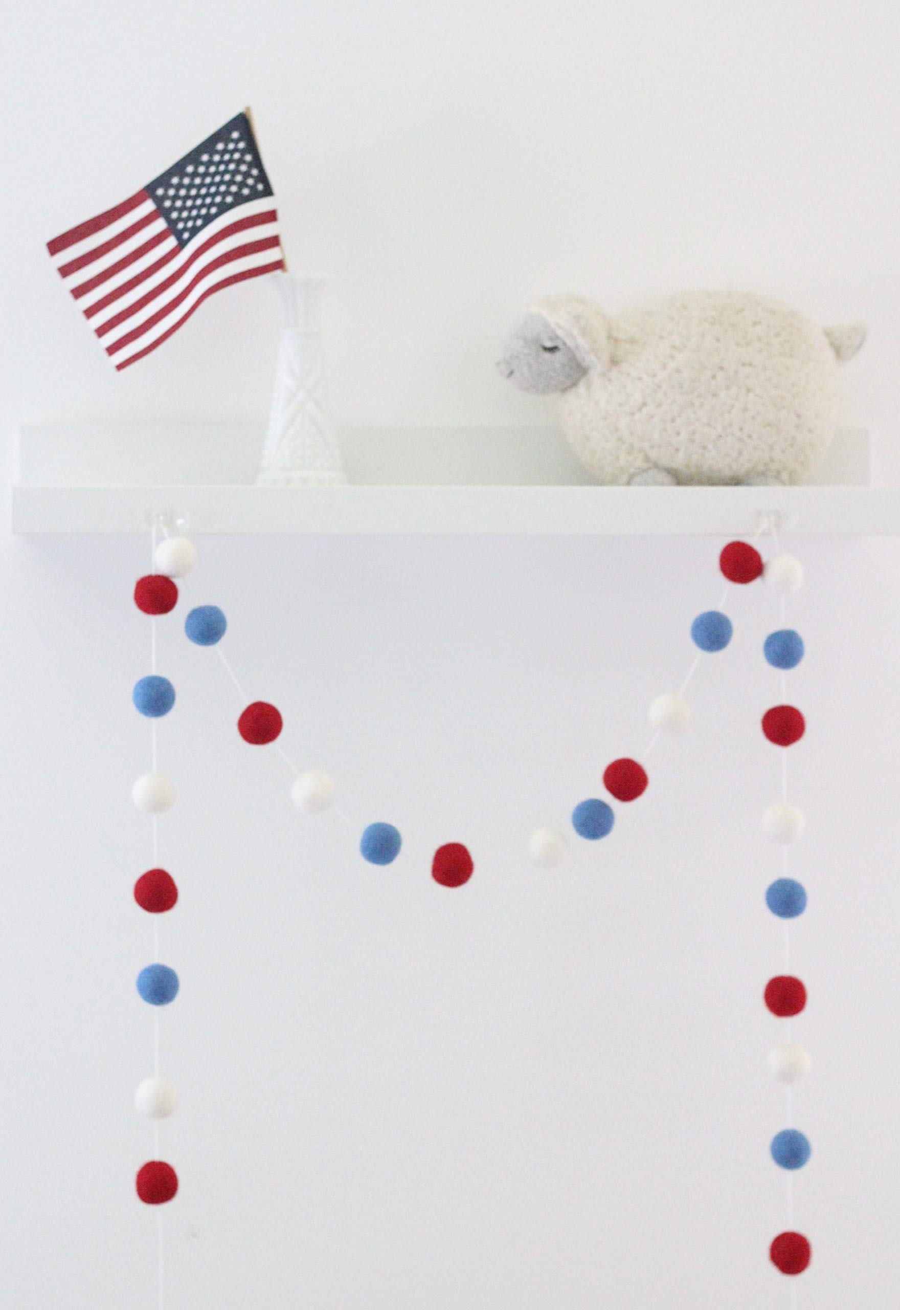 Red White & Blue Adjustable Handmade Felt Ball Garland - 1 Inch Pom Poms, 7 Feet Long with 28 Felt Balls by Sheep Farm Felt | Perfect for Summer Decorations, 4th of July Parties, Baby Showers & Nursery Wall Decor