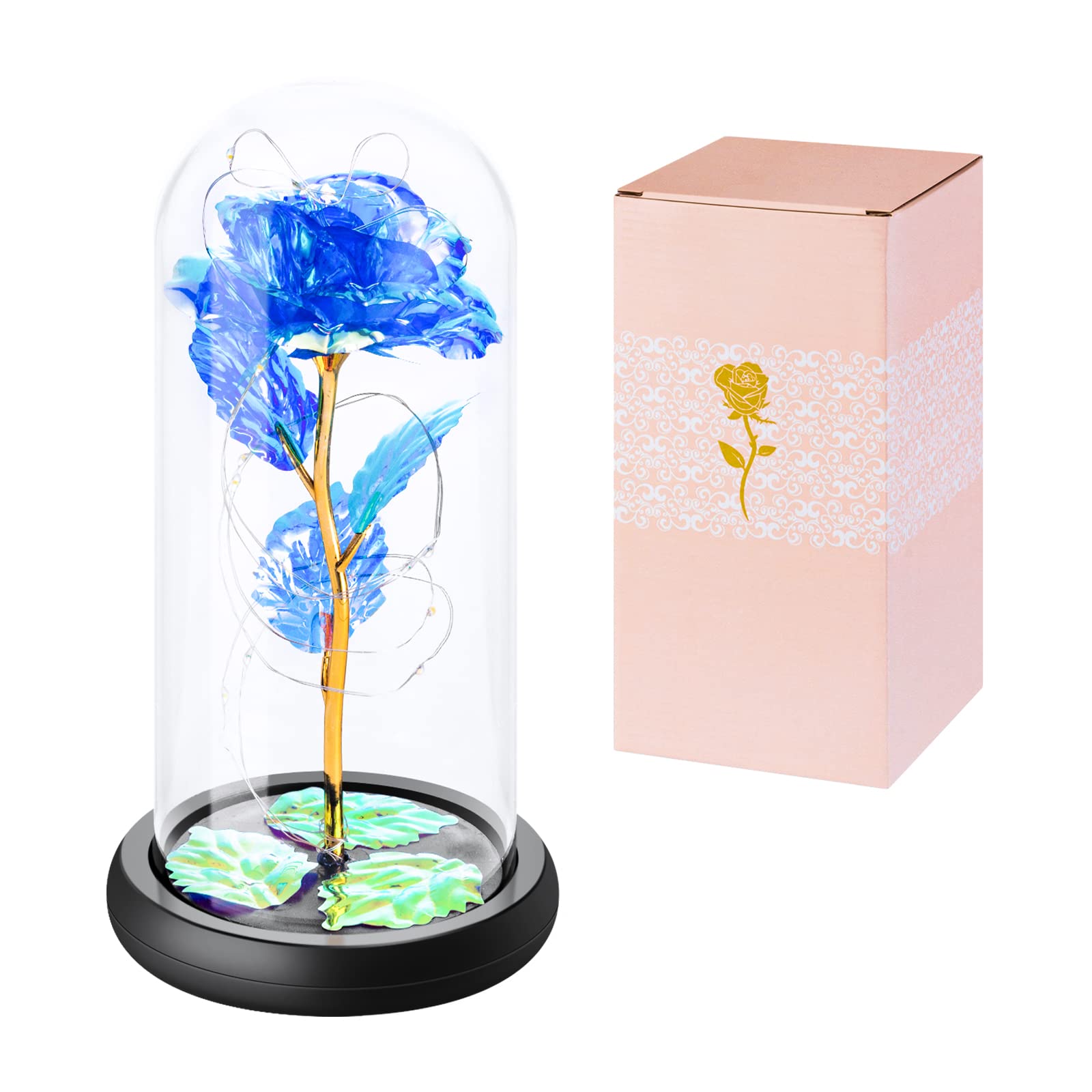 Tayuvira Blue Glass Rose in Dome - Elegant Valentine's Day, Birthday & Thanksgiving Gift for Women, Men, Husband - Perfect for Anniversary, Wedding & Home Decor