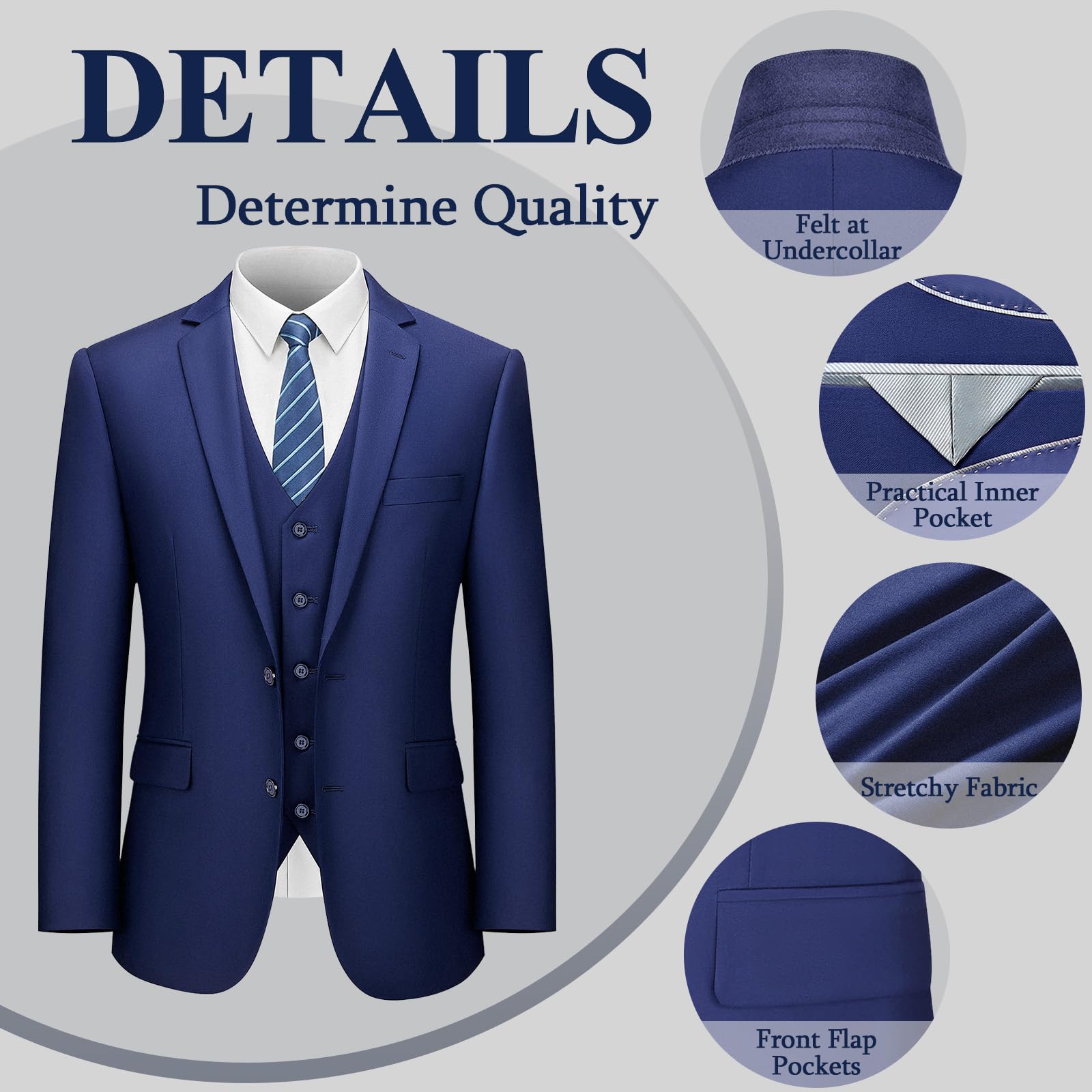 LUPURTY Men's Slim Fit 3-Piece Suit Set - 2 Button Solid Color Jacket, Vest & Pants - Formal Business Attire & Wedding Tuxedo for Groom, Office Wear & Special Occasions